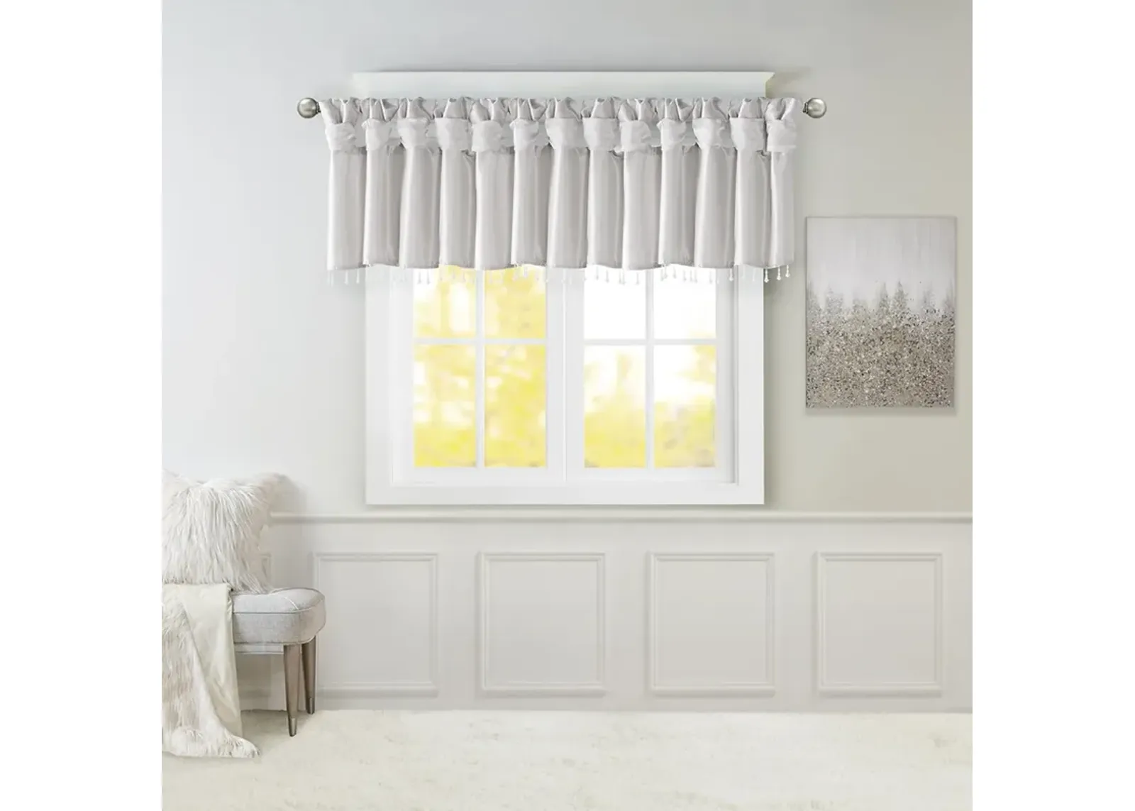 Madison Park Emilia Silver Lightweight Faux Silk Valance With Beads