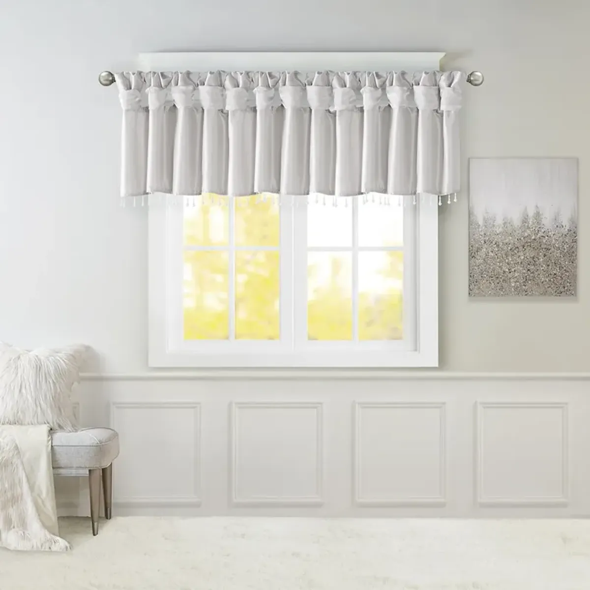 Madison Park Emilia Silver Lightweight Faux Silk Valance With Beads