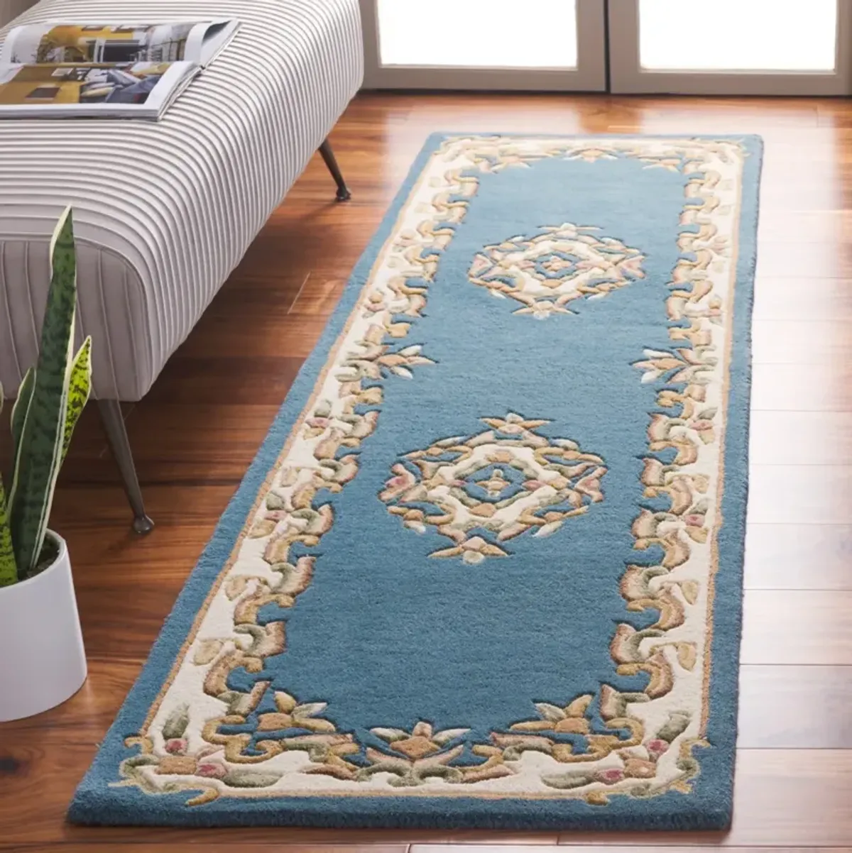 AUBUSSON 301 BLUE  2'-3' x 8' Runner Rug