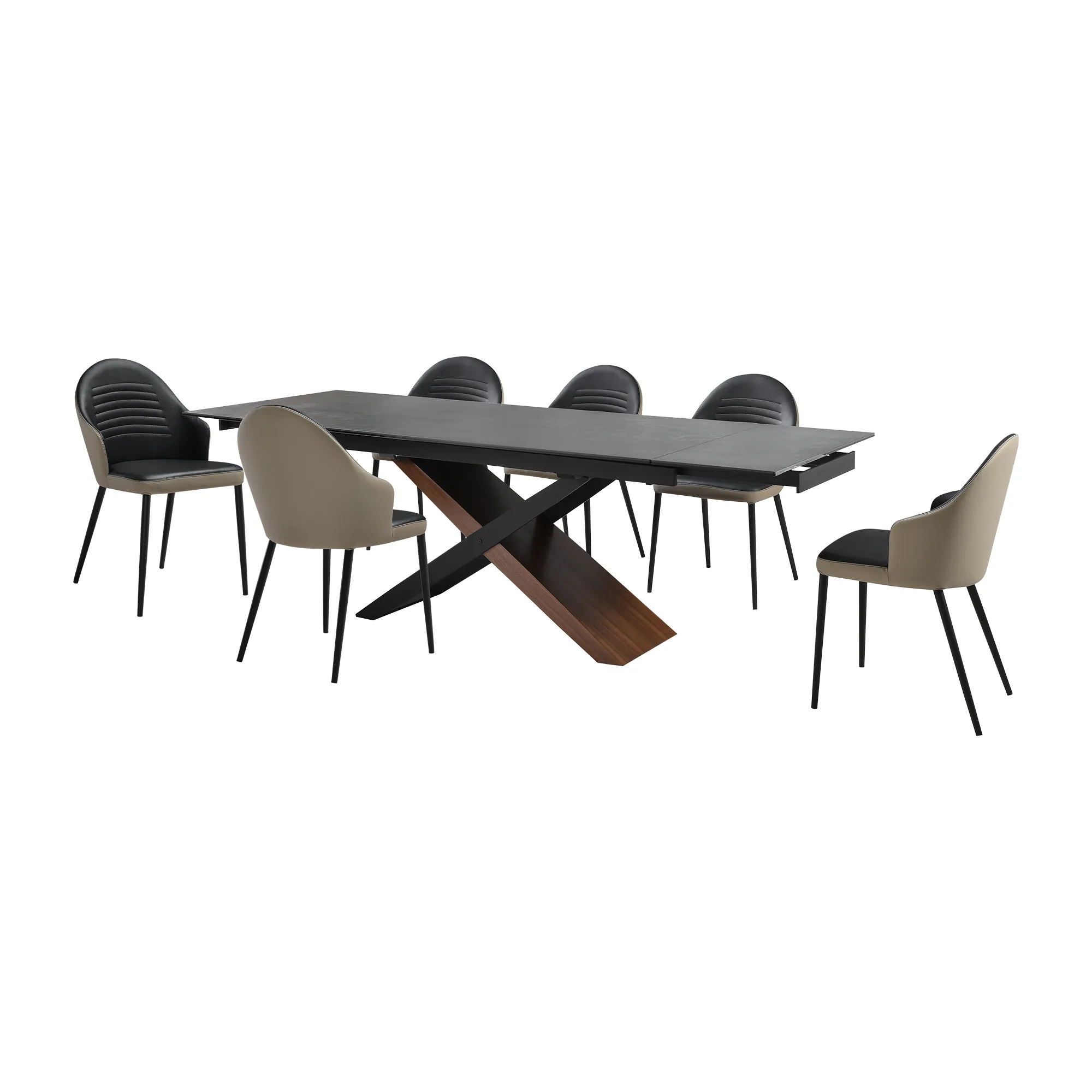 Milena Rocco 7 Piece Extendable Dining Set with Taupe Gray and Black Faux Leather Chairs