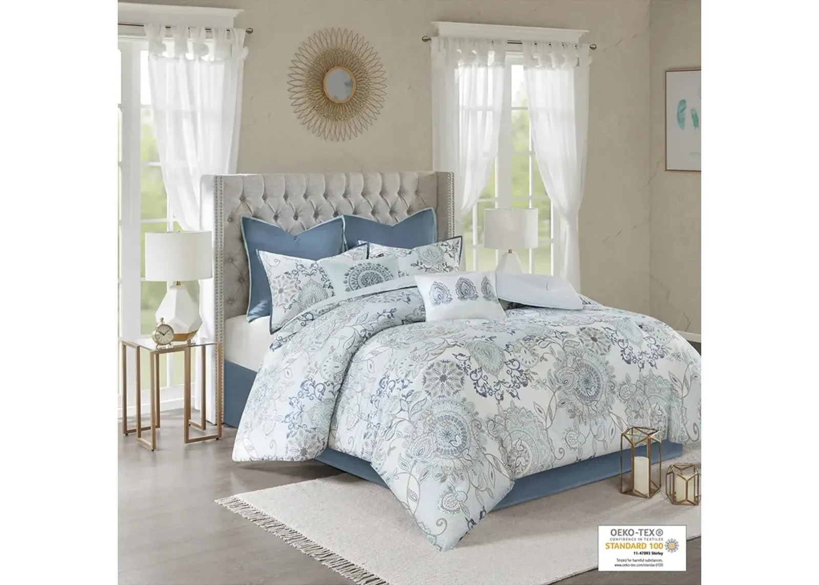 Madison Park Isla Blue 8 Piece Cotton Floral Printed Reversible Comforter Set