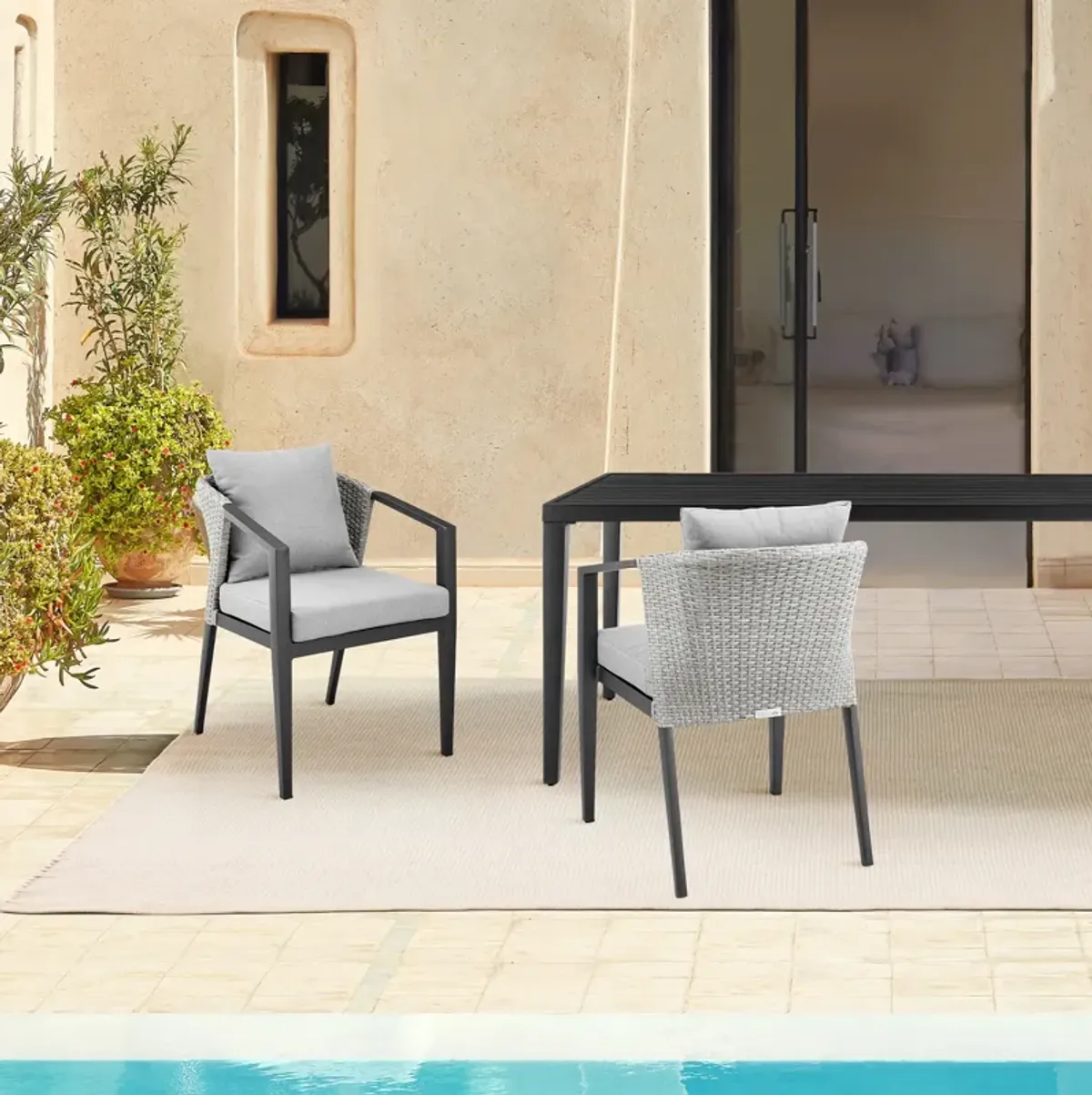 Palma Outdoor Patio Dining Chairs in Aluminum and Wicker with Grey Cushions - Set of 2