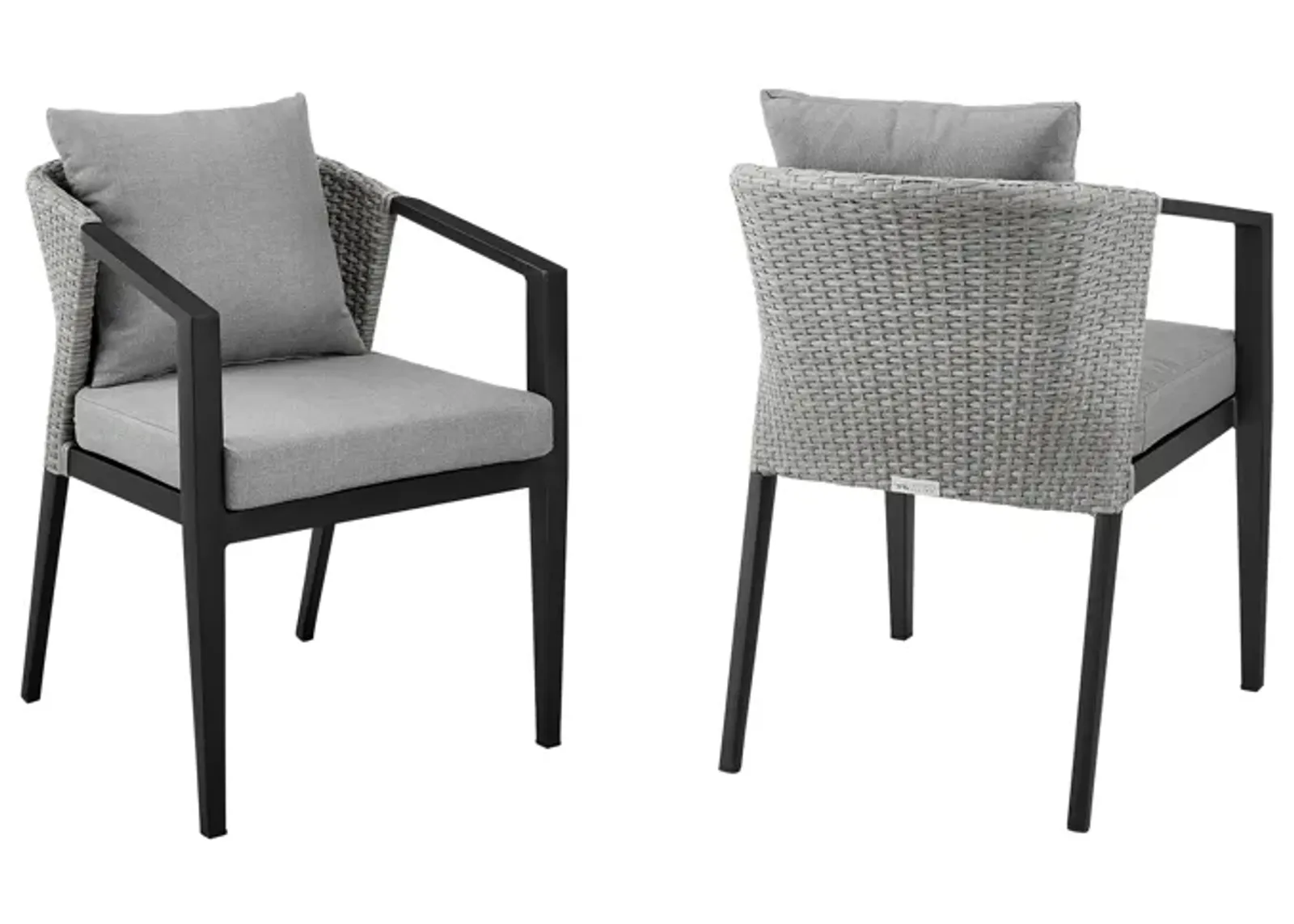 Palma Outdoor Patio Dining Chairs in Aluminum and Wicker with Grey Cushions - Set of 2