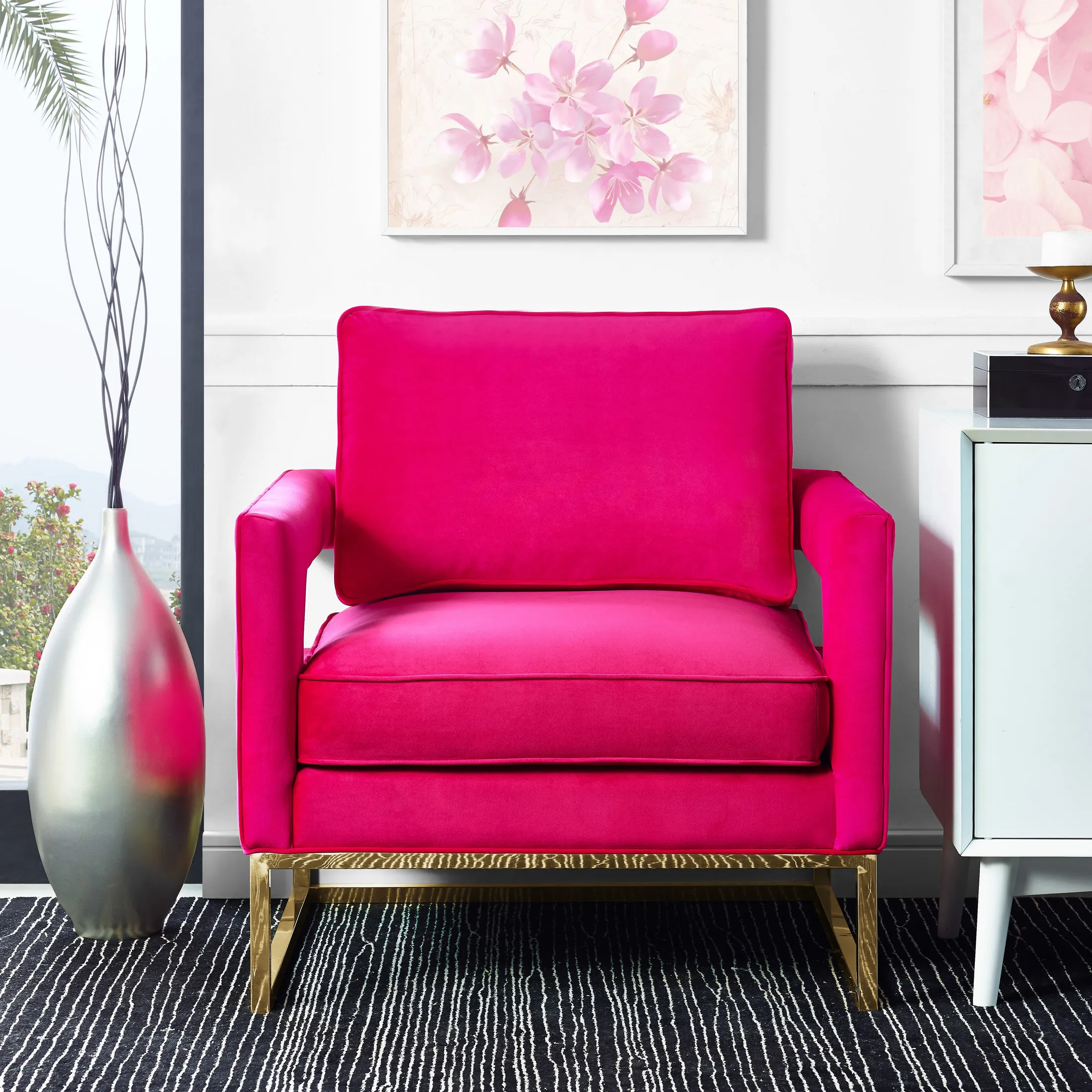 avery pink velvet chair with polished gold base