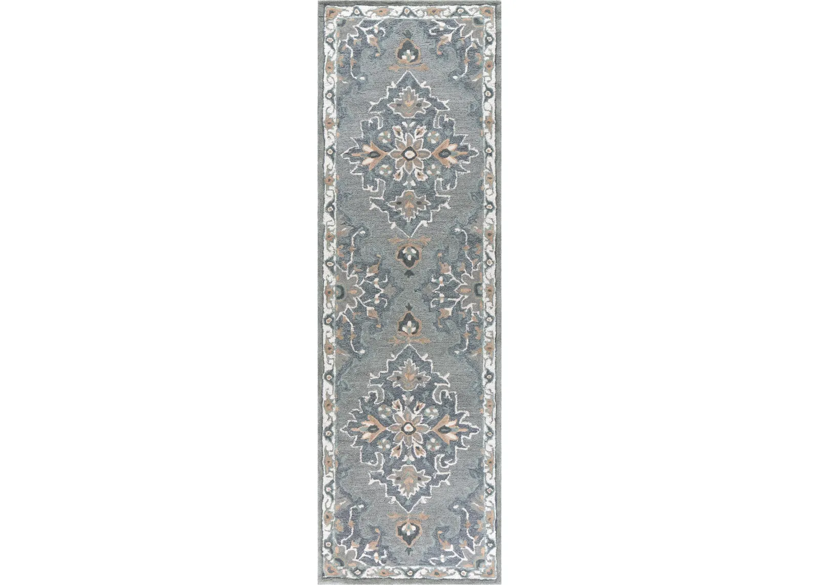 Resonant Gray/Beige Central Medallion Wool 2'6" x 8' Runner Rug