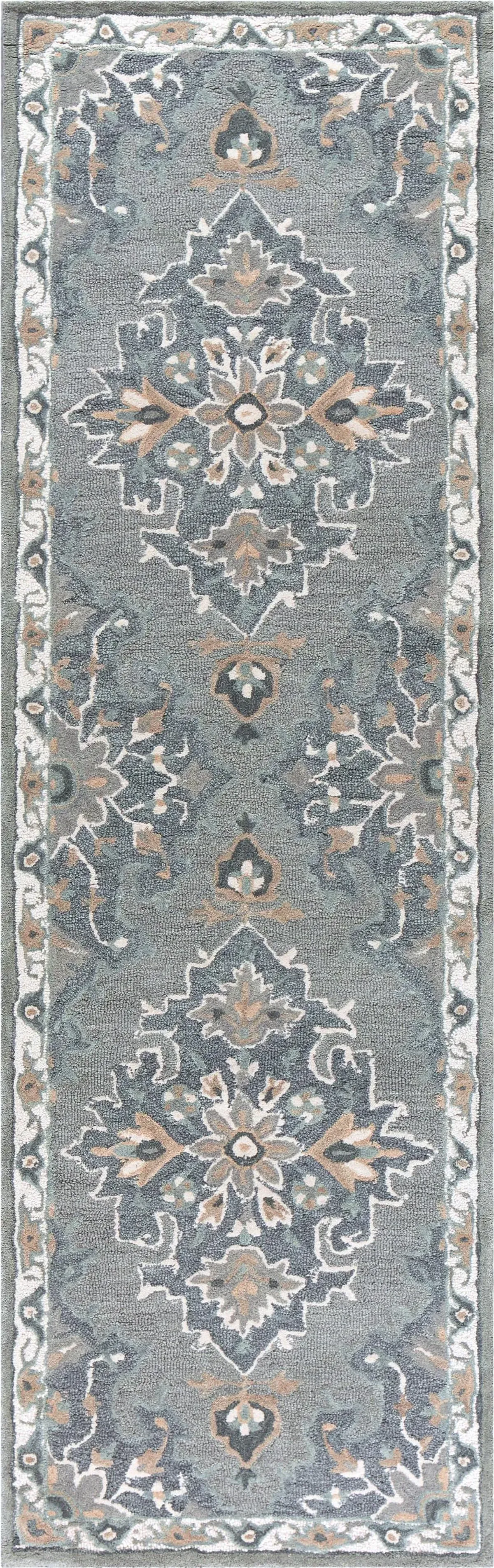 Resonant Gray/Beige Central Medallion Wool 2'6" x 8' Runner Rug