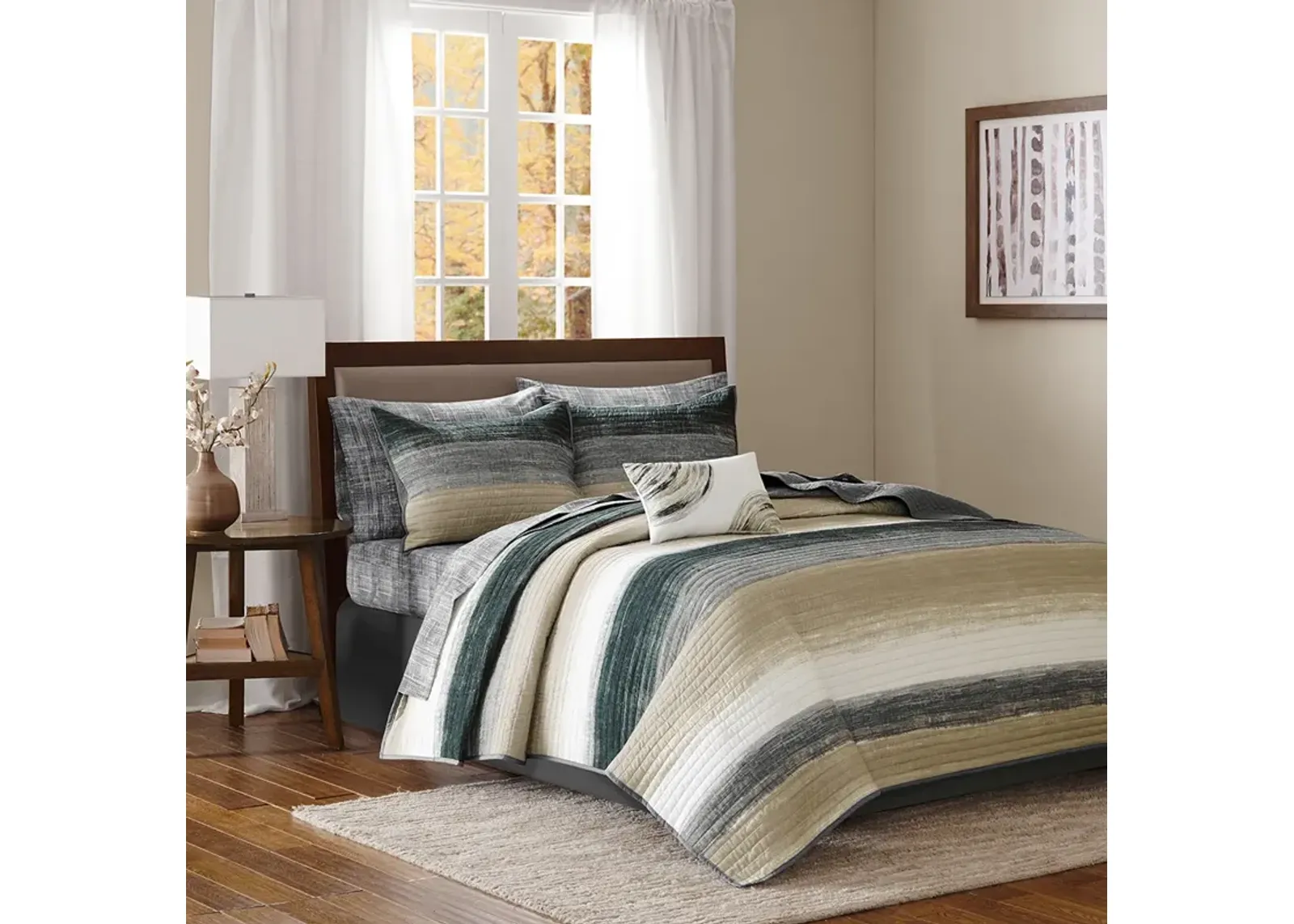 Madison Park Essentials Saben Taupe 6 Piece Quilt Set with Cotton Bed Sheets