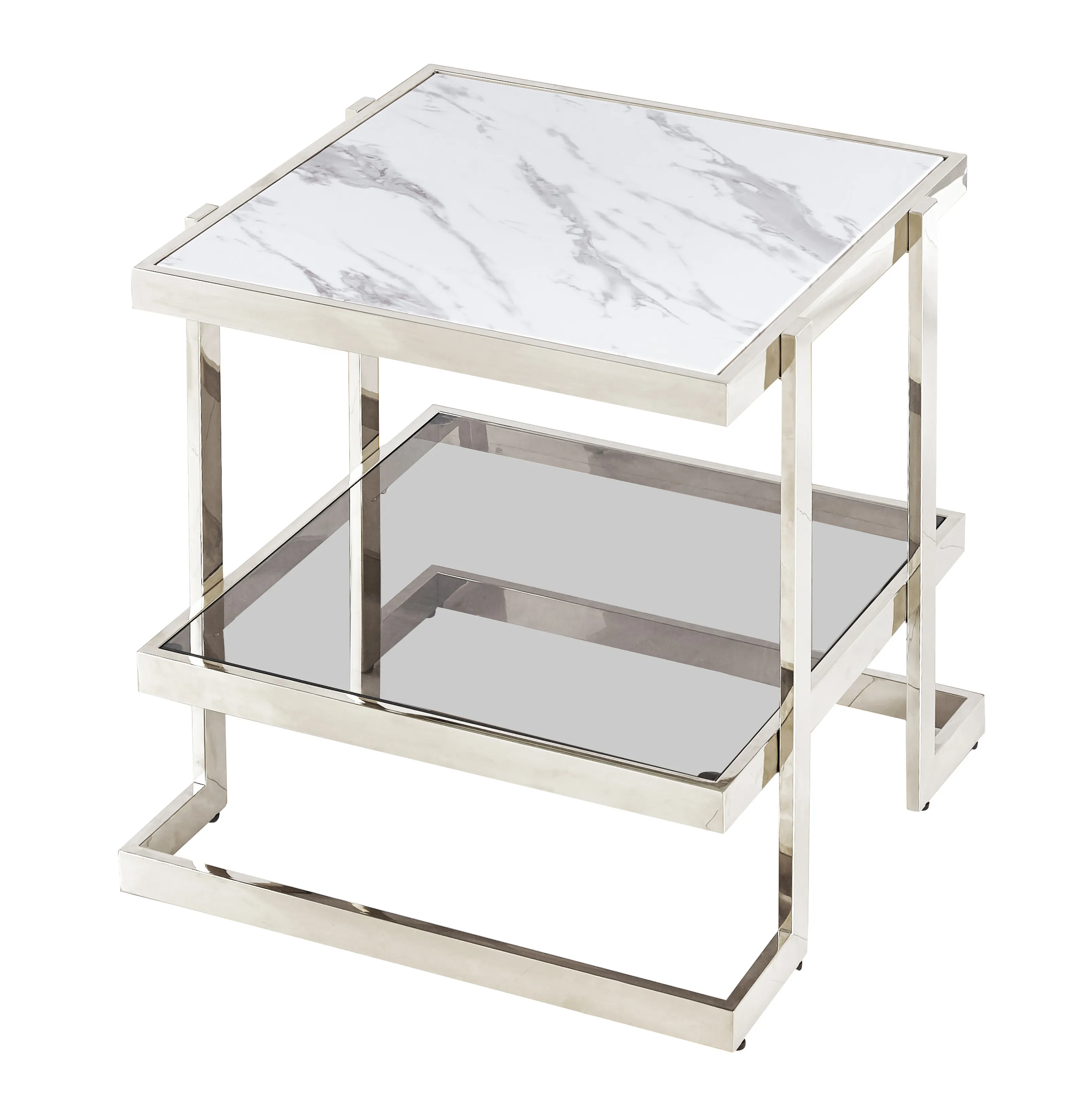 Metal/marble Glass, Side Table, Silver/white