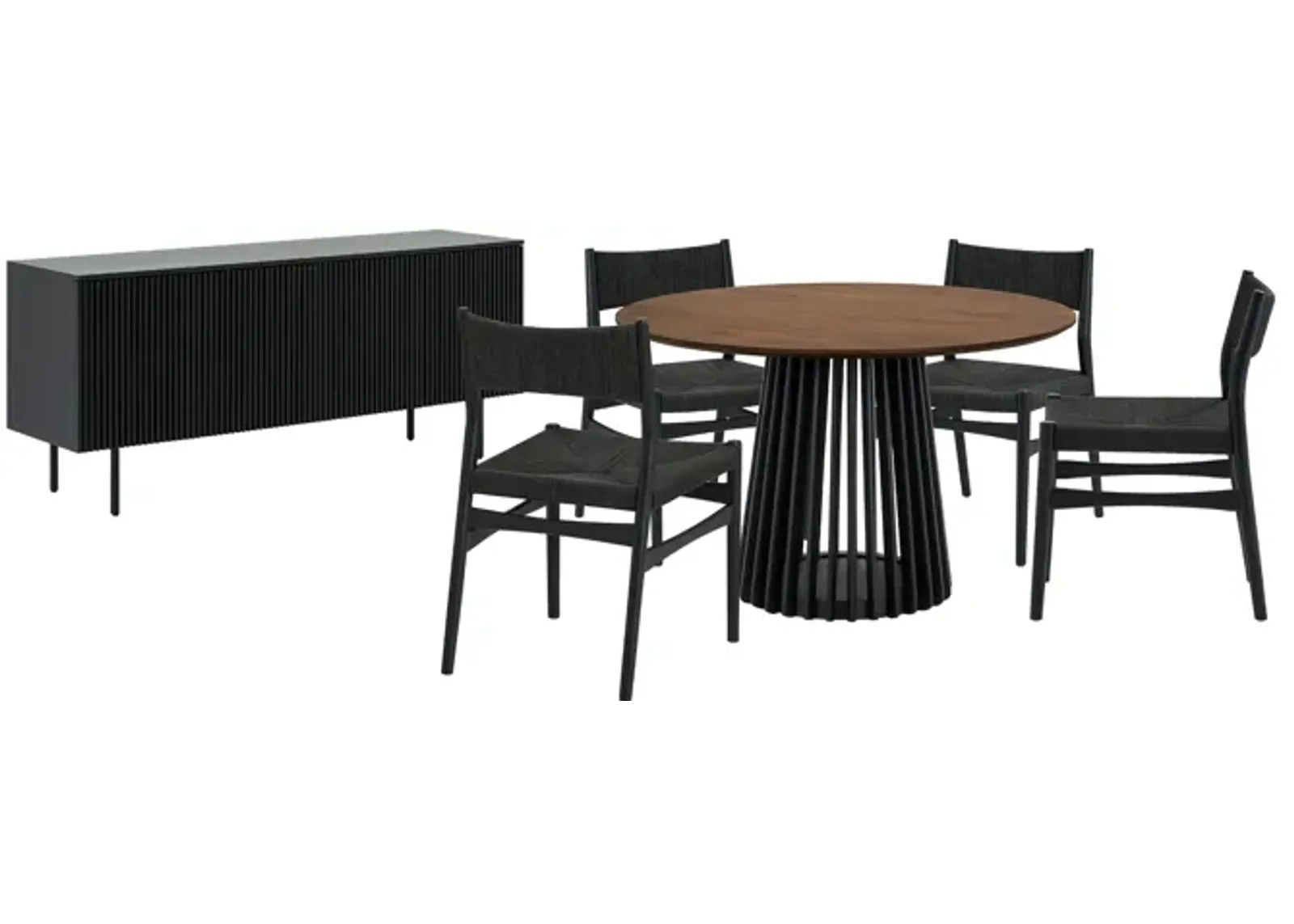 Pasadena Erie 6 Piece Round Dining Set with Buffet and Paper Cord Chairs in Black Finish with Walnut Finish Table Top