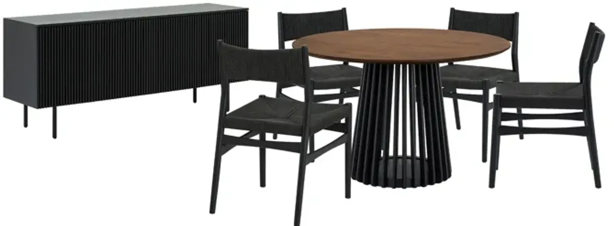 Pasadena Erie 6 Piece Round Dining Set with Buffet and Paper Cord Chairs in Black Finish with Walnut Finish Table Top