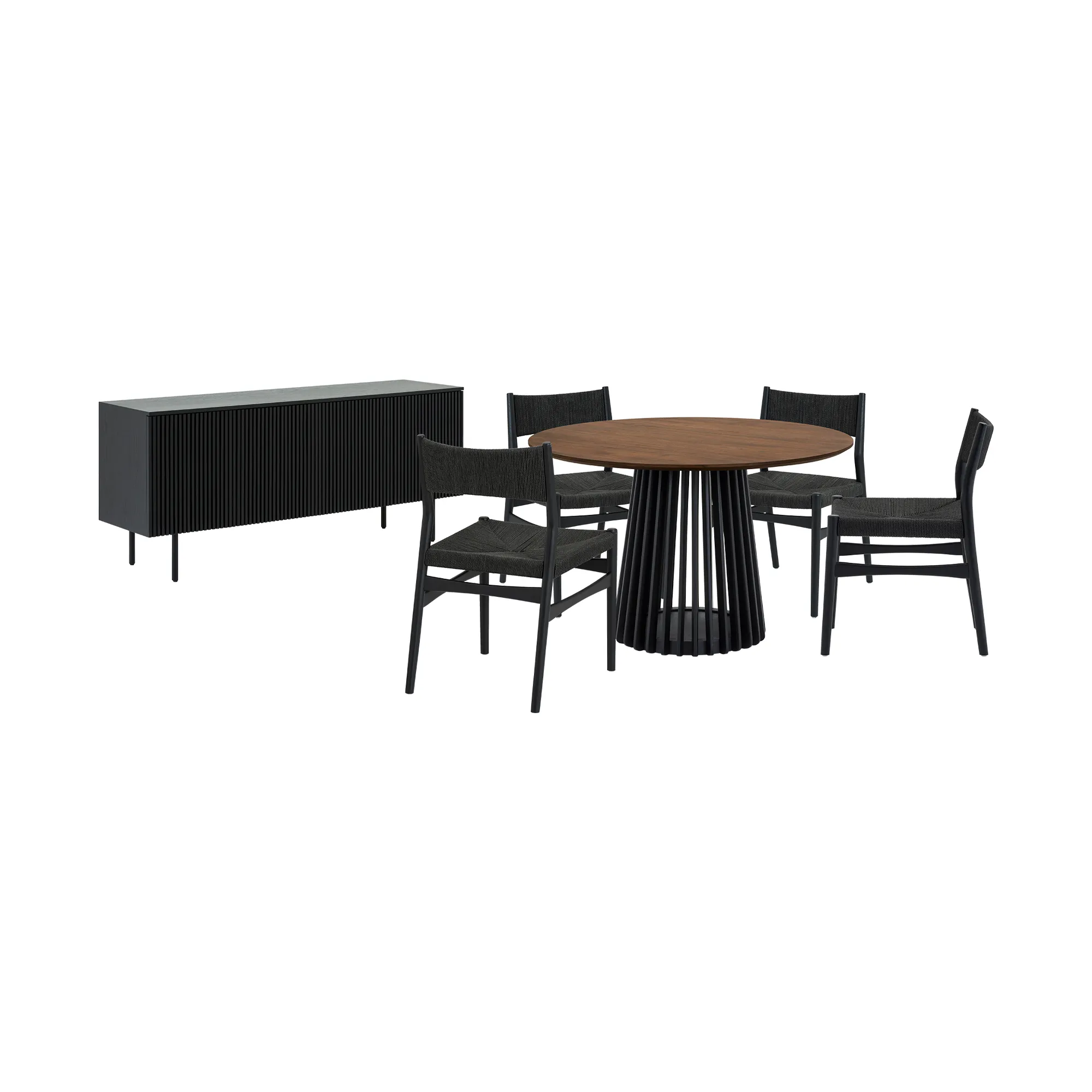 Pasadena Erie 6 Piece Round Dining Set with Buffet and Paper Cord Chairs in Black Finish with Walnut Finish Table Top