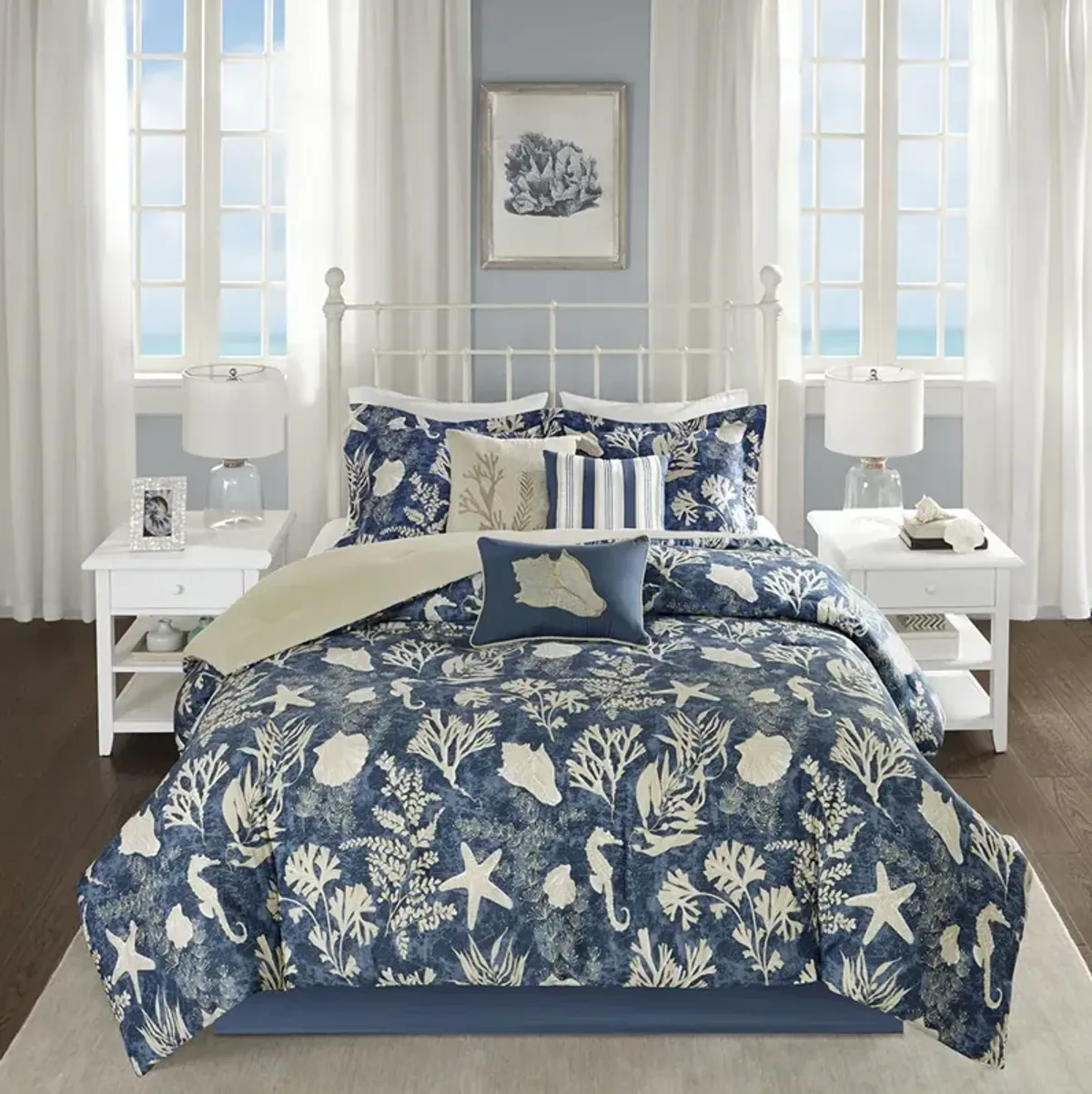 Madison Park Cape Cod Blue 7 Piece Cotton Sateen Comforter Set