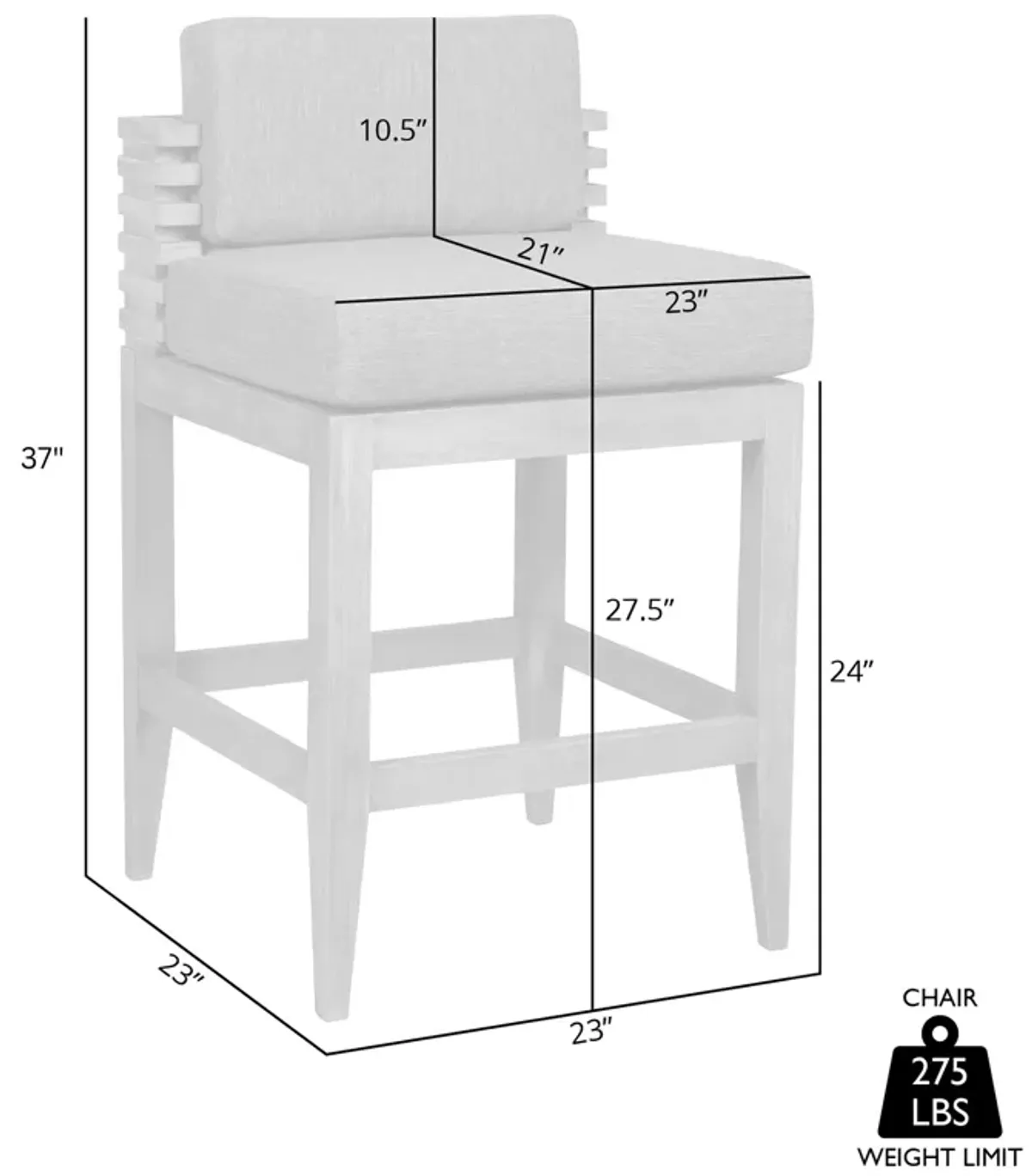 Vivid Outdoor Patio Counter Stool in Gray Eucalyptus Wood with Gray Olefin Cushions