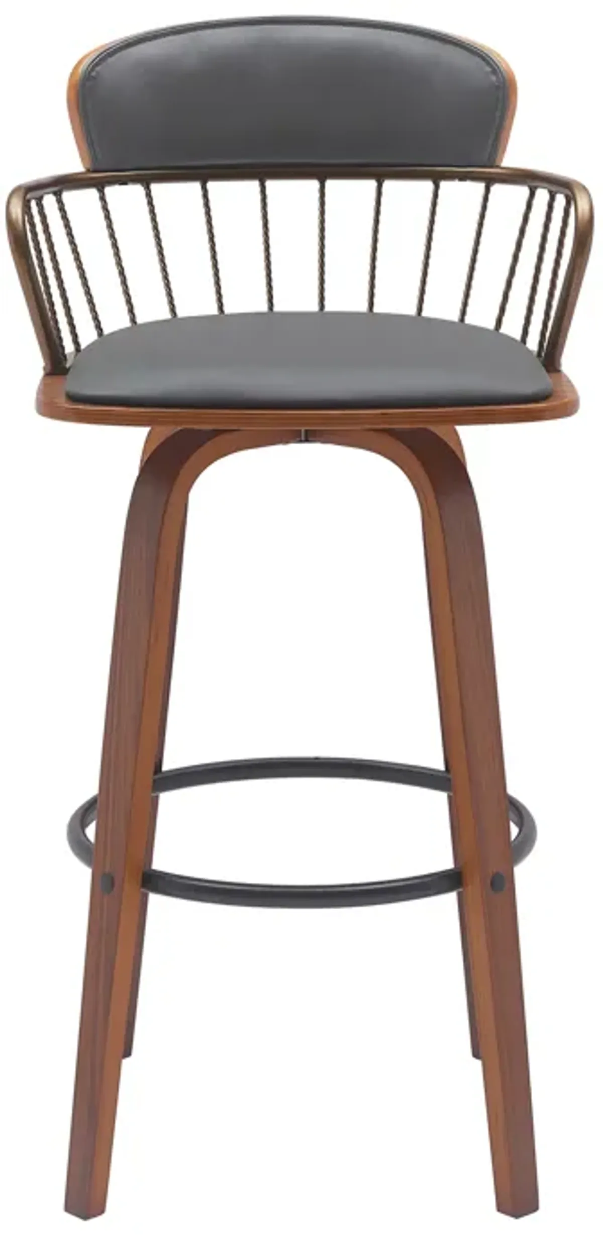 Willow 25.5" Swivel Walnut Wood Counter Stool in Gray Faux Leather with Golden Bronze Metal