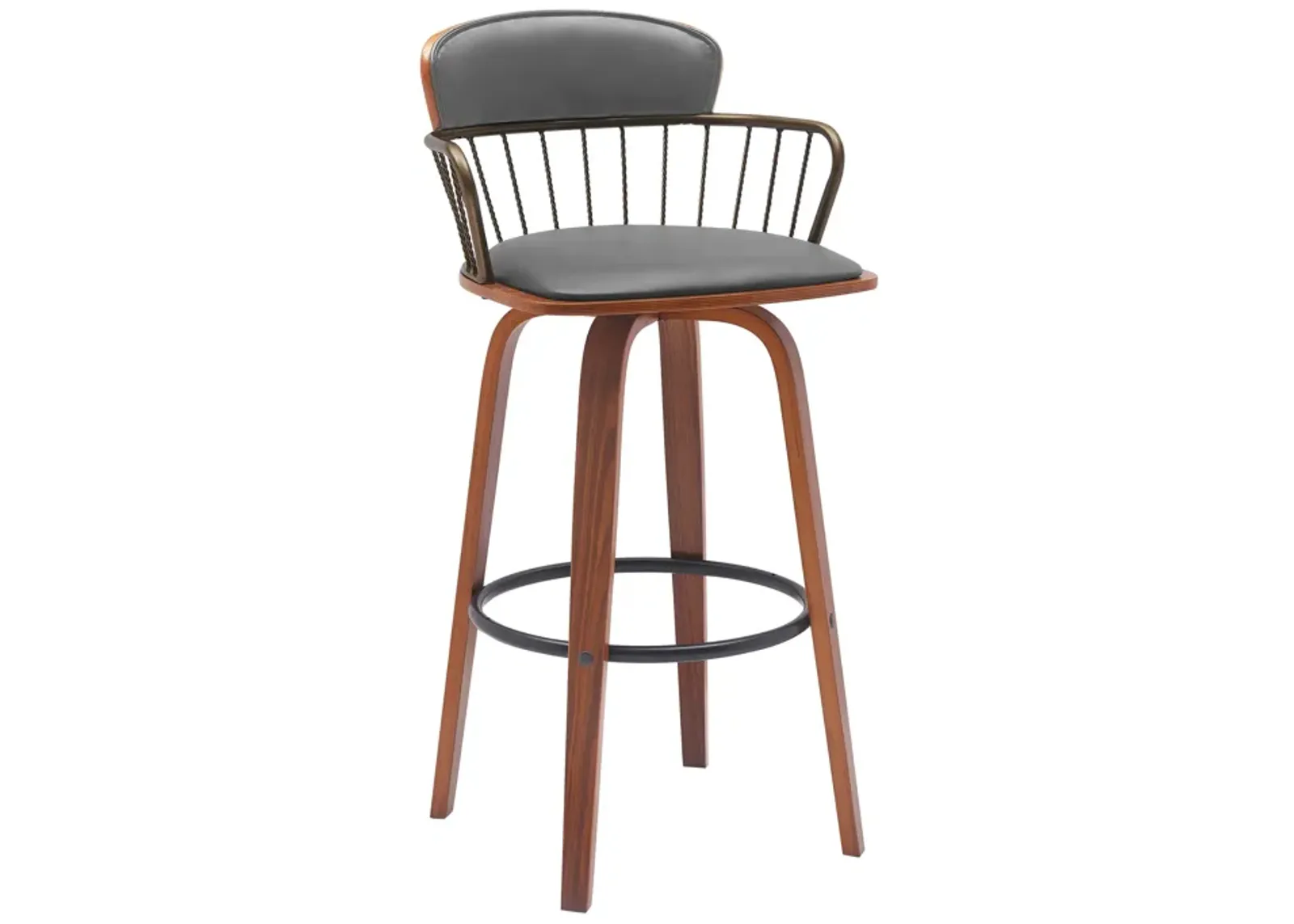 Willow 25.5" Swivel Walnut Wood Counter Stool in Gray Faux Leather with Golden Bronze Metal