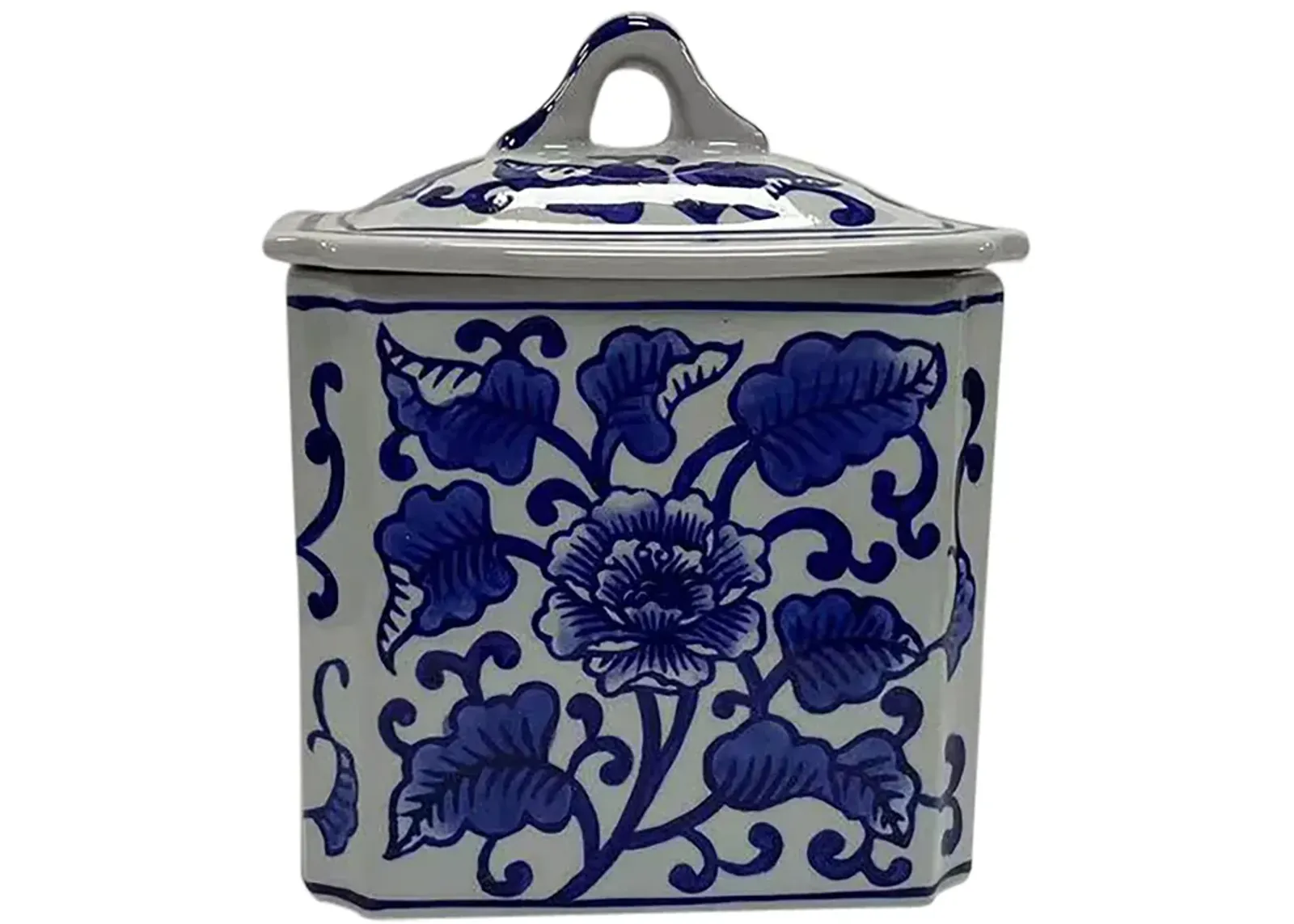 Cer, 6" 13oz Rect Chinoiserie Candle W/lid,blu/wht