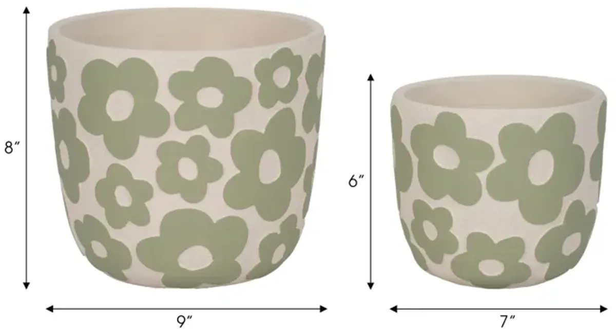 S/2 7/9" Flower Power Planters, Light Green