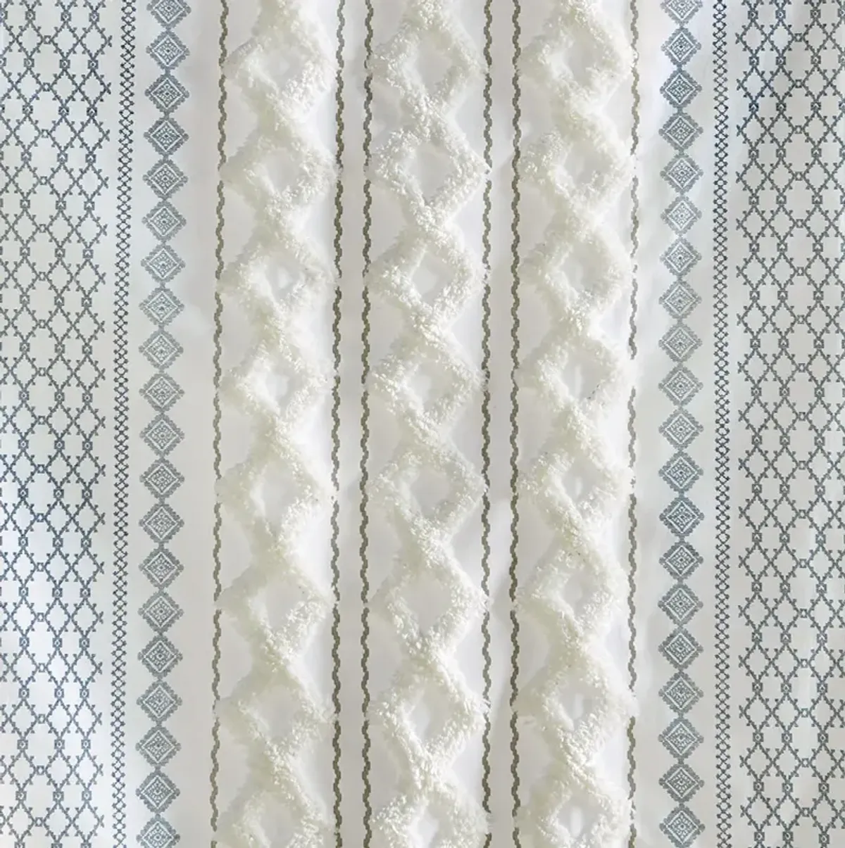 INK+IVY Imani White/Navy Cotton Printed Curtain Panel with Chenille Stripe and Lining