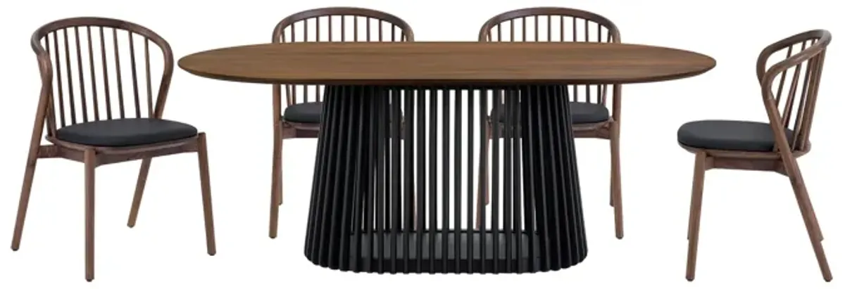 Pasadena Echo 5 Piece Oval Dining Set with Walnut and Black Finish Table and Walnut Finish Chairs