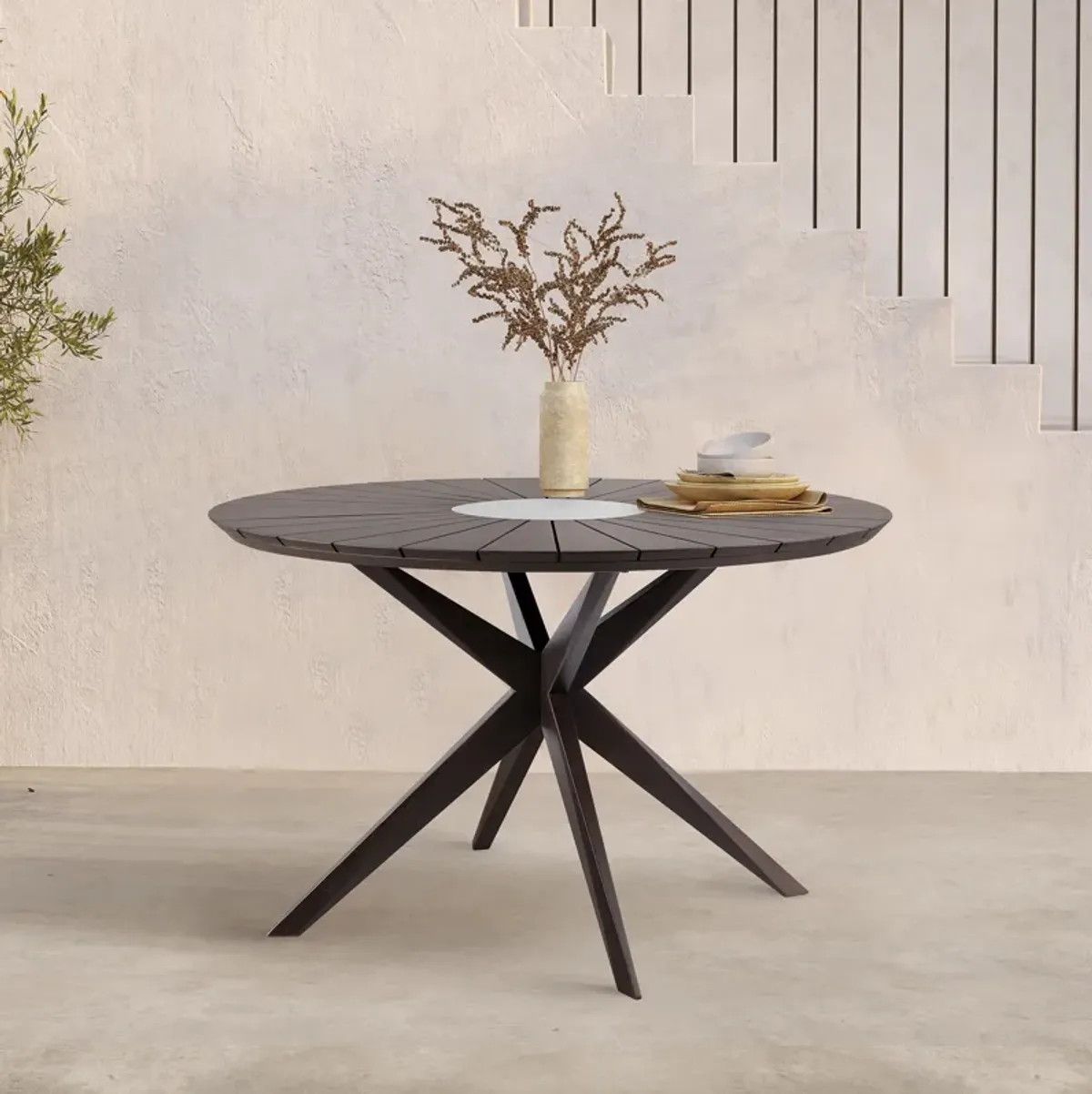 Sachi Outdoor Dark Eucalyptus Wood and Concrete Round Dining Table