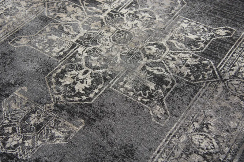 Panache Gray/Black Central Medallion Distress  Polypropylene 2'3" x 7'7" Runner Rug