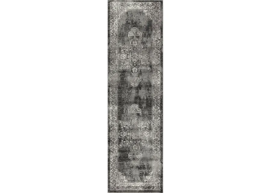 Panache Gray/Black Central Medallion Distress  Polypropylene 2'3" x 7'7" Runner Rug