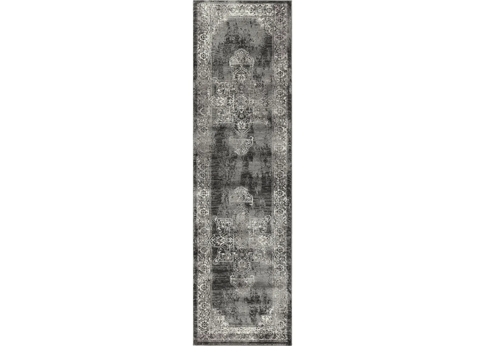 Panache Gray/Black Central Medallion Distress  Polypropylene 2'3" x 7'7" Runner Rug