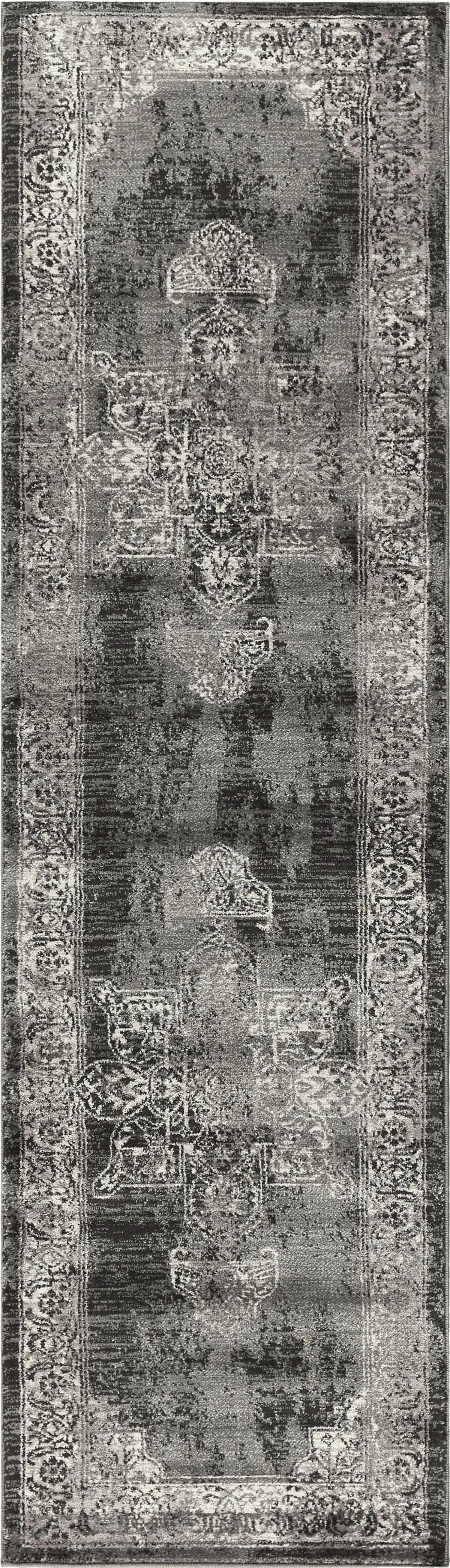 Panache Gray/Black Central Medallion Distress  Polypropylene 2'3" x 7'7" Runner Rug