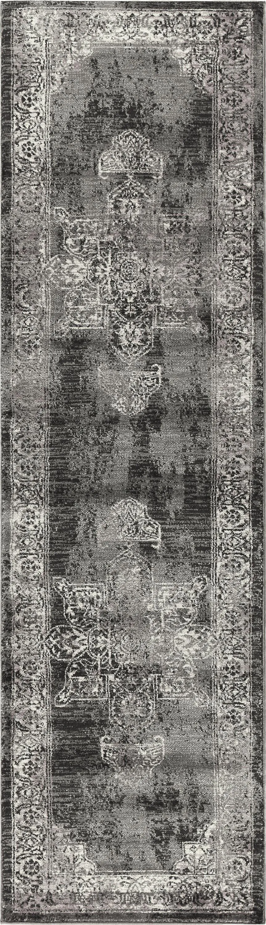 Panache Gray/Black Central Medallion Distress  Polypropylene 2'3" x 7'7" Runner Rug