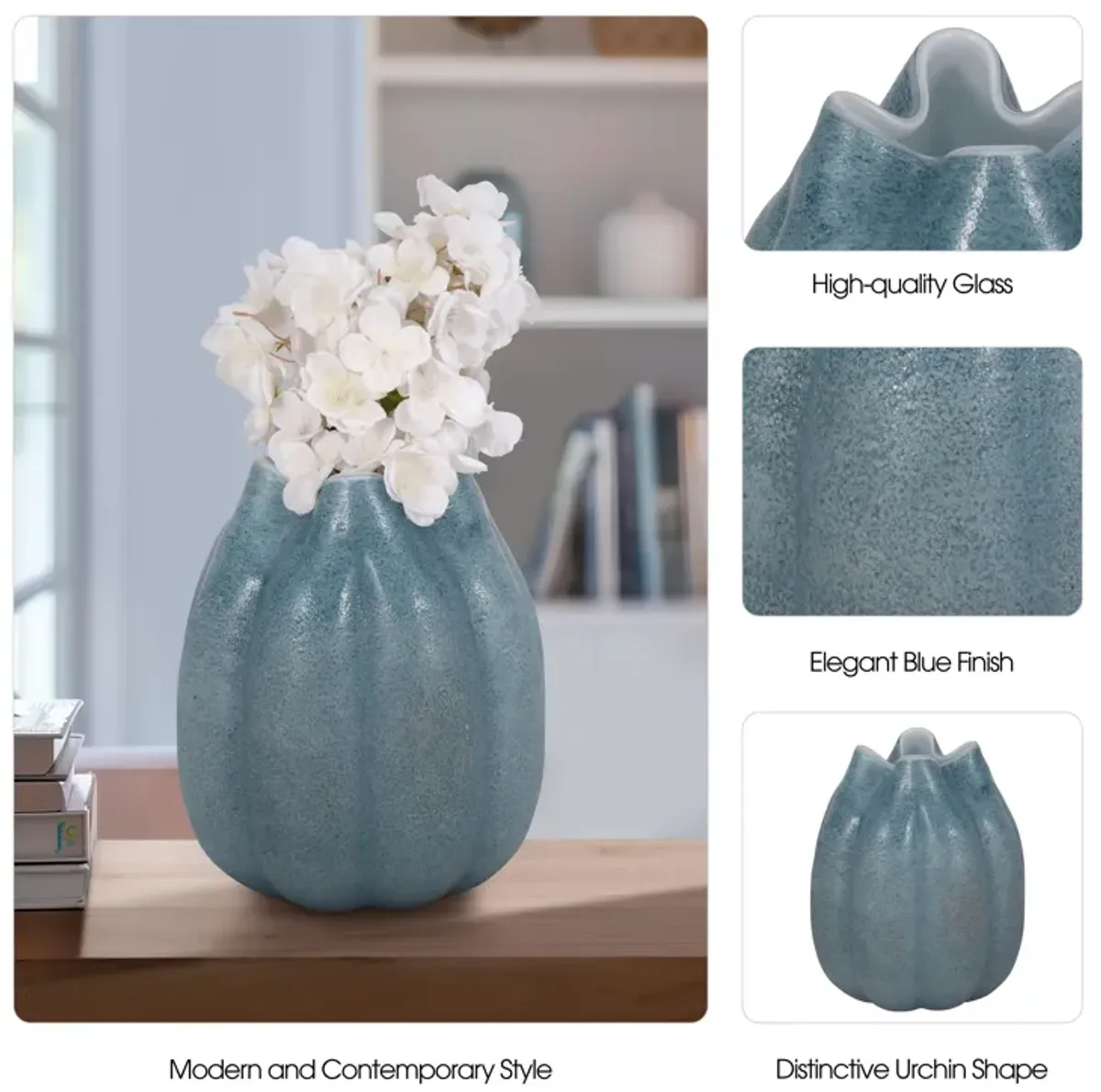 10" Glass Sea Urchin Vase, Blue