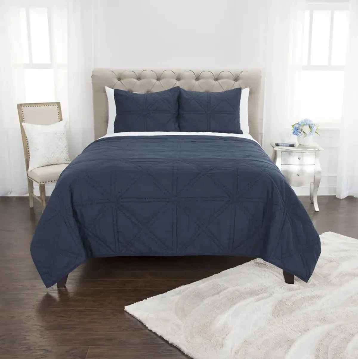 Simpson Indigo King Solid Blue Quilt -  Set of 3