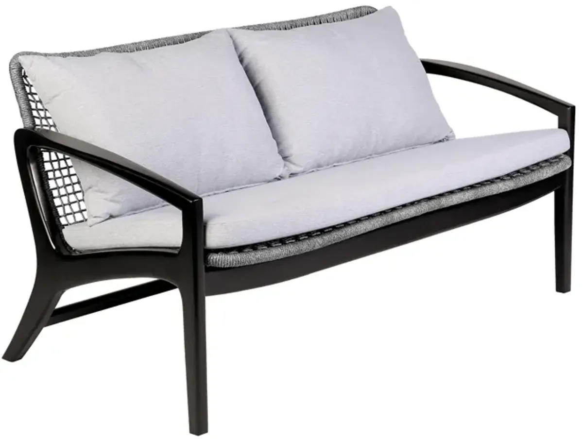 Brighton 4 Piece Outdoor Patio Seating Set in Dark Eucalyptus Wood with Gray Rope and White Cushions