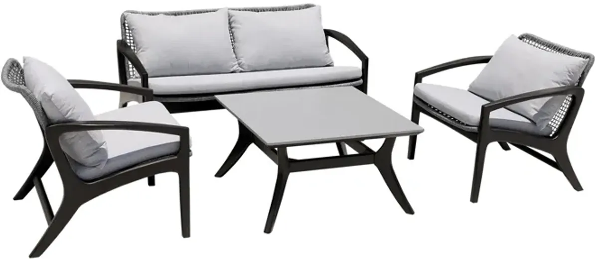 Brighton 4 Piece Outdoor Patio Seating Set in Dark Eucalyptus Wood with Gray Rope and White Cushions