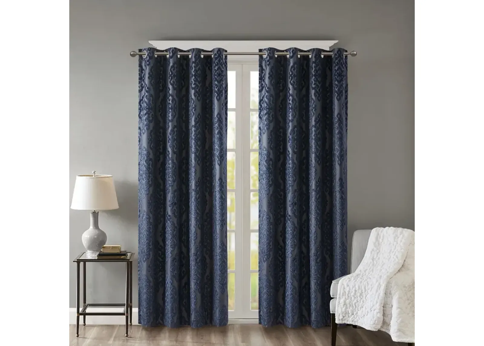 SunSmart Mirage Navy Knitted Jacquard Damask Total Blackout Grommet Top Curtain Panel