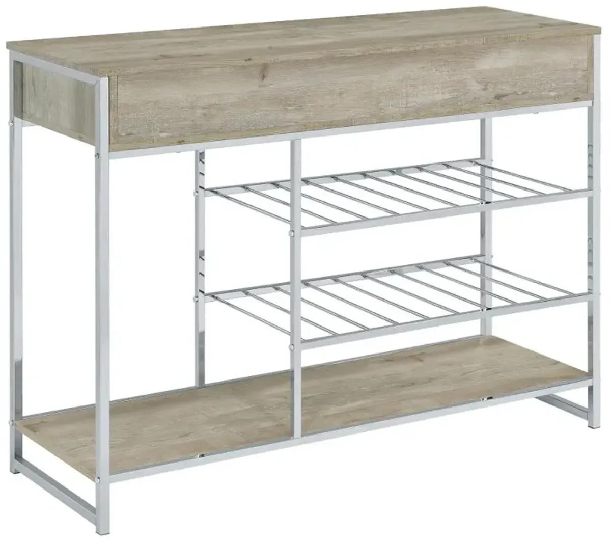 Melrose 2-shelf Wine Cabinet with 2 Drawers Gray Washed Oak and Chrome