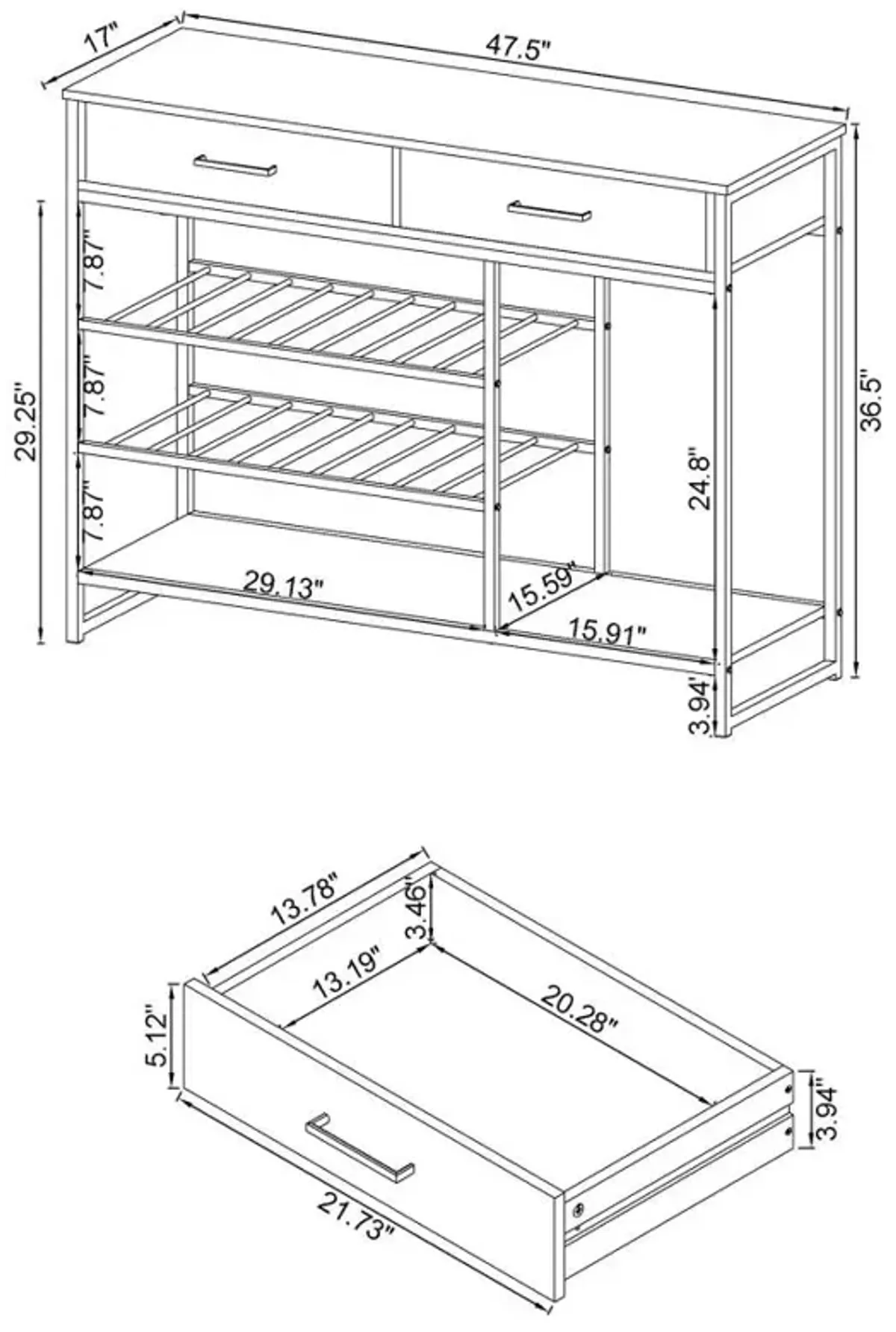 Melrose 2-shelf Wine Cabinet with 2 Drawers Gray Washed Oak and Chrome