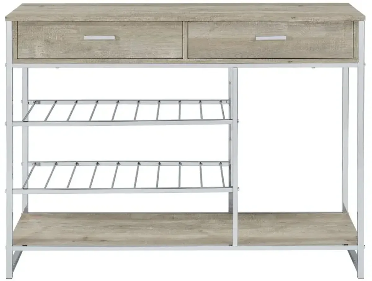 Melrose 2-shelf Wine Cabinet with 2 Drawers Gray Washed Oak and Chrome