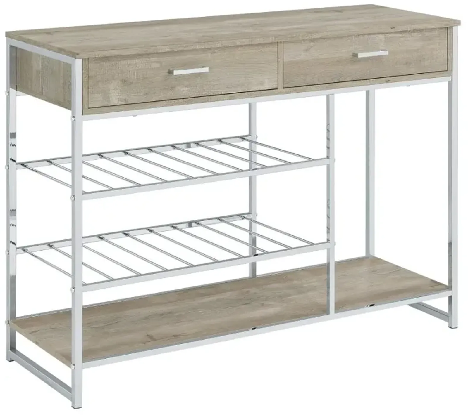 Melrose 2-shelf Wine Cabinet with 2 Drawers Gray Washed Oak and Chrome