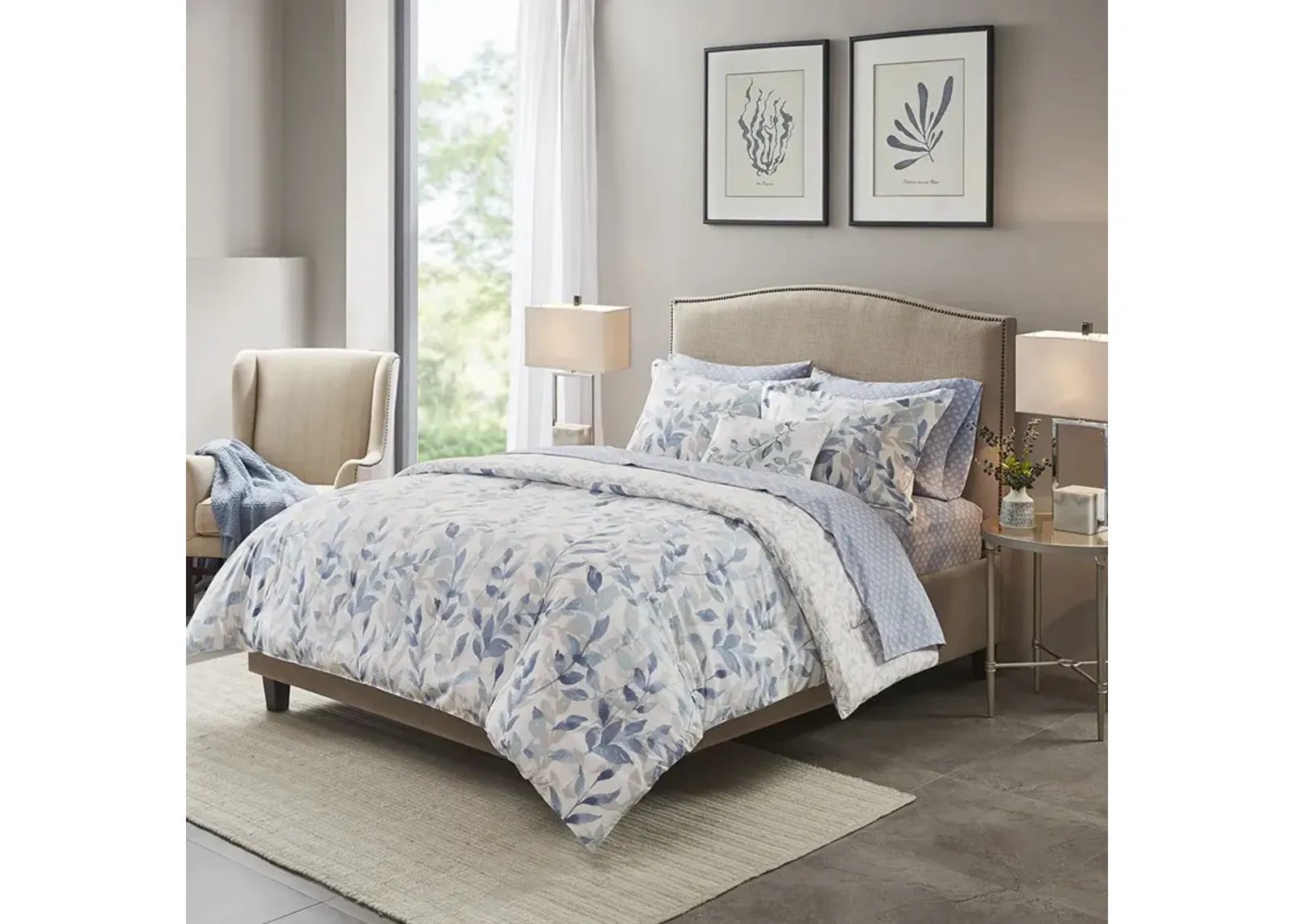 Madison Park Essentials Sofia Blue Reversible 6 Piece Comforter Set with Bed Sheets