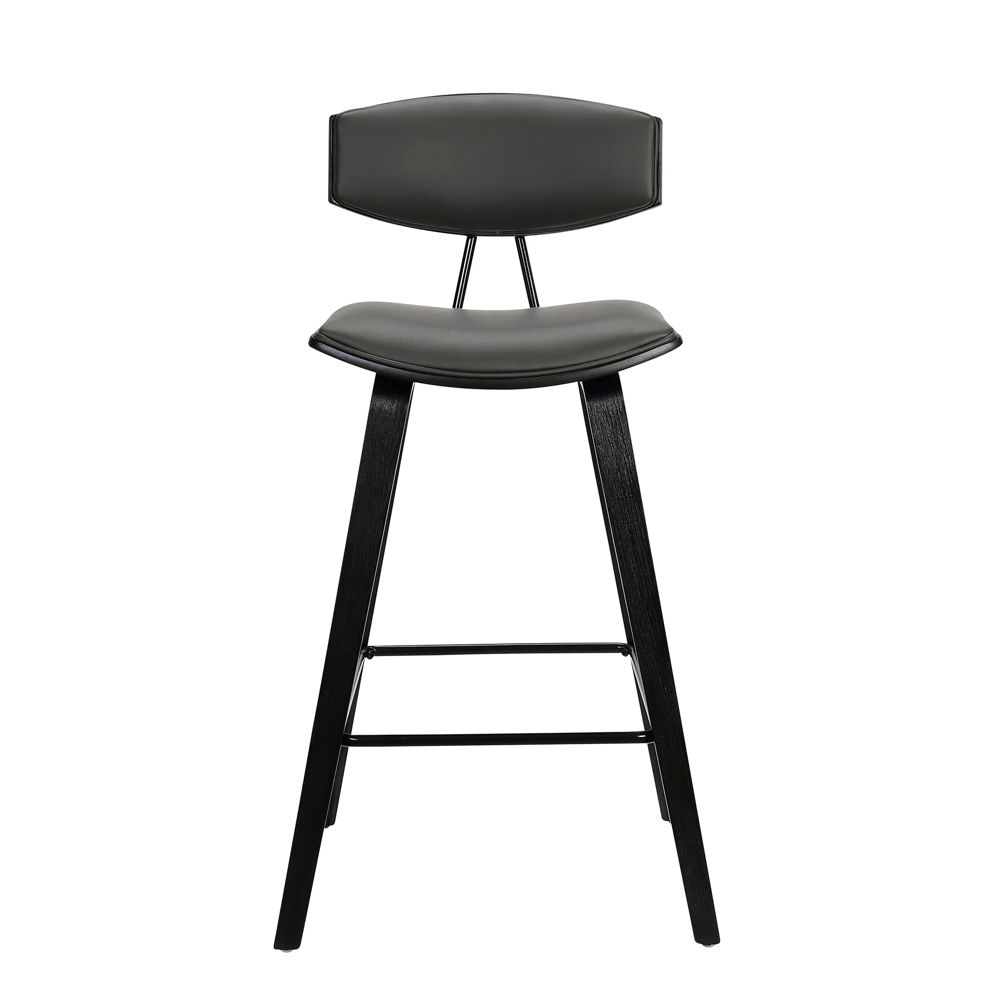 Fox 28.5" Bar Height Grey Faux Leather and Black Wood Mid-Century Modern Bar Stool