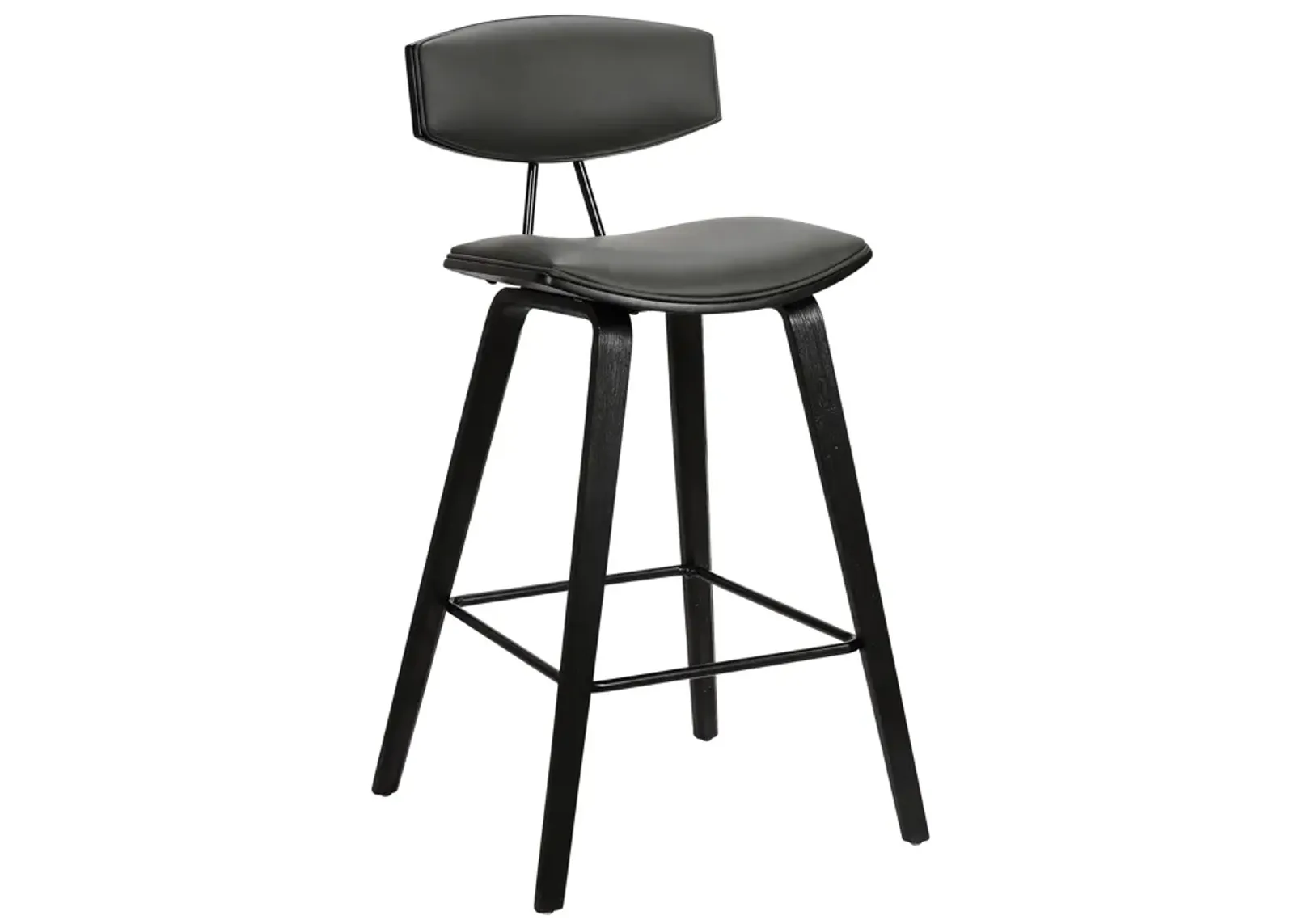 Fox 28.5" Bar Height Grey Faux Leather and Black Wood Mid-Century Modern Bar Stool