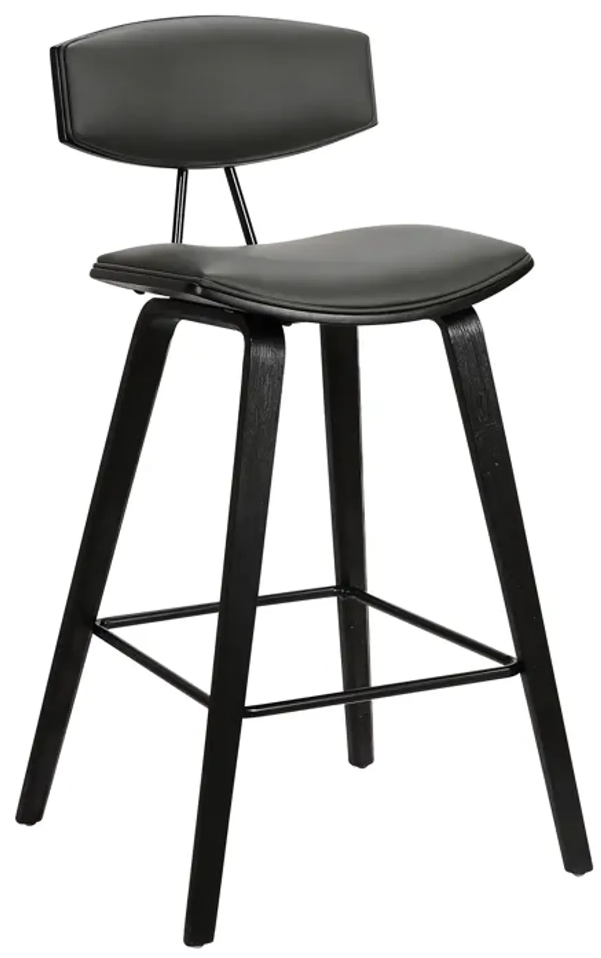 Fox 28.5" Bar Height Grey Faux Leather and Black Wood Mid-Century Modern Bar Stool