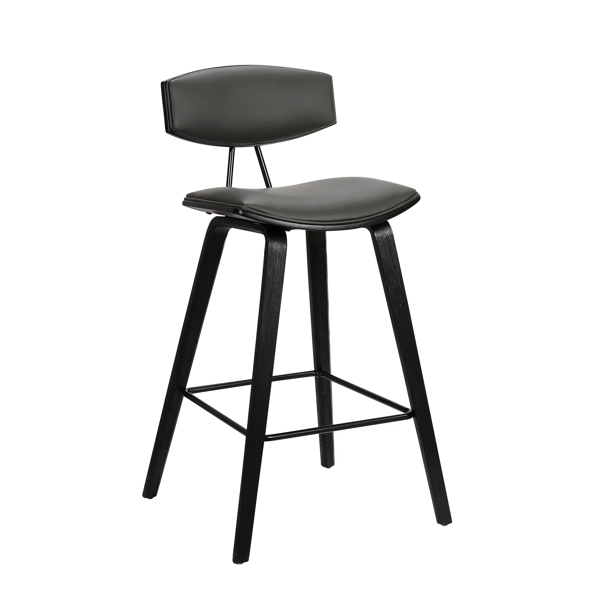 Fox 28.5" Bar Height Grey Faux Leather and Black Wood Mid-Century Modern Bar Stool