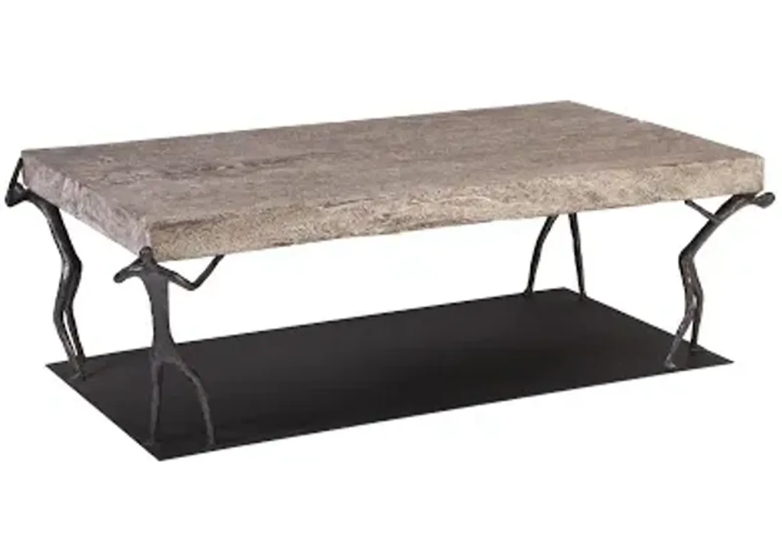 atlas coffee table, chamcha wood, gray stone finish, metal