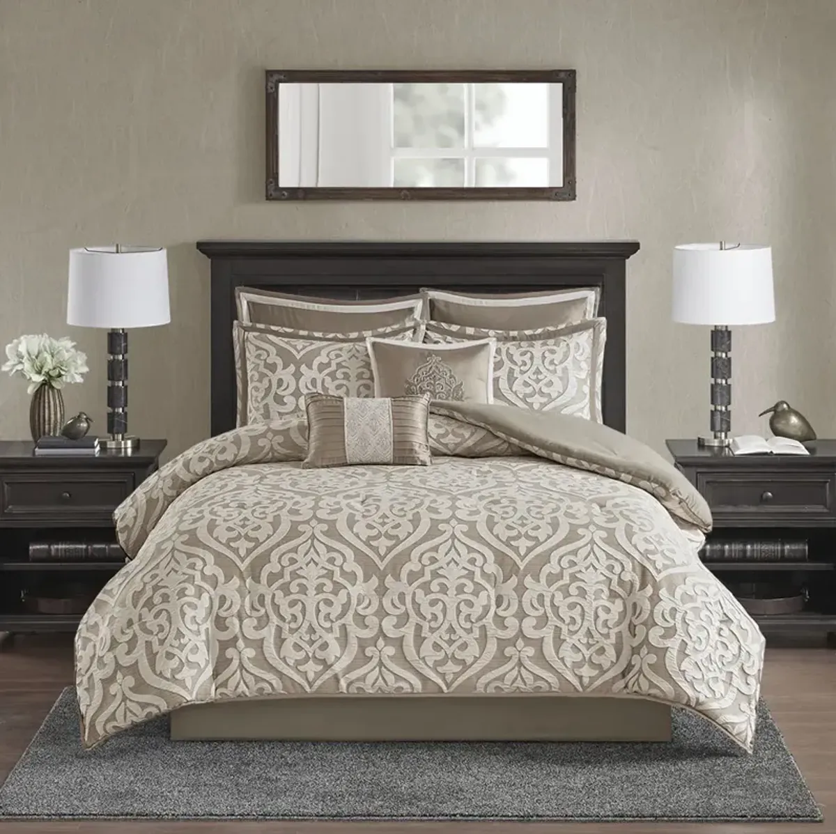 Madison Park Odette Tan/Ivory 8 Piece Jacquard Comforter Set