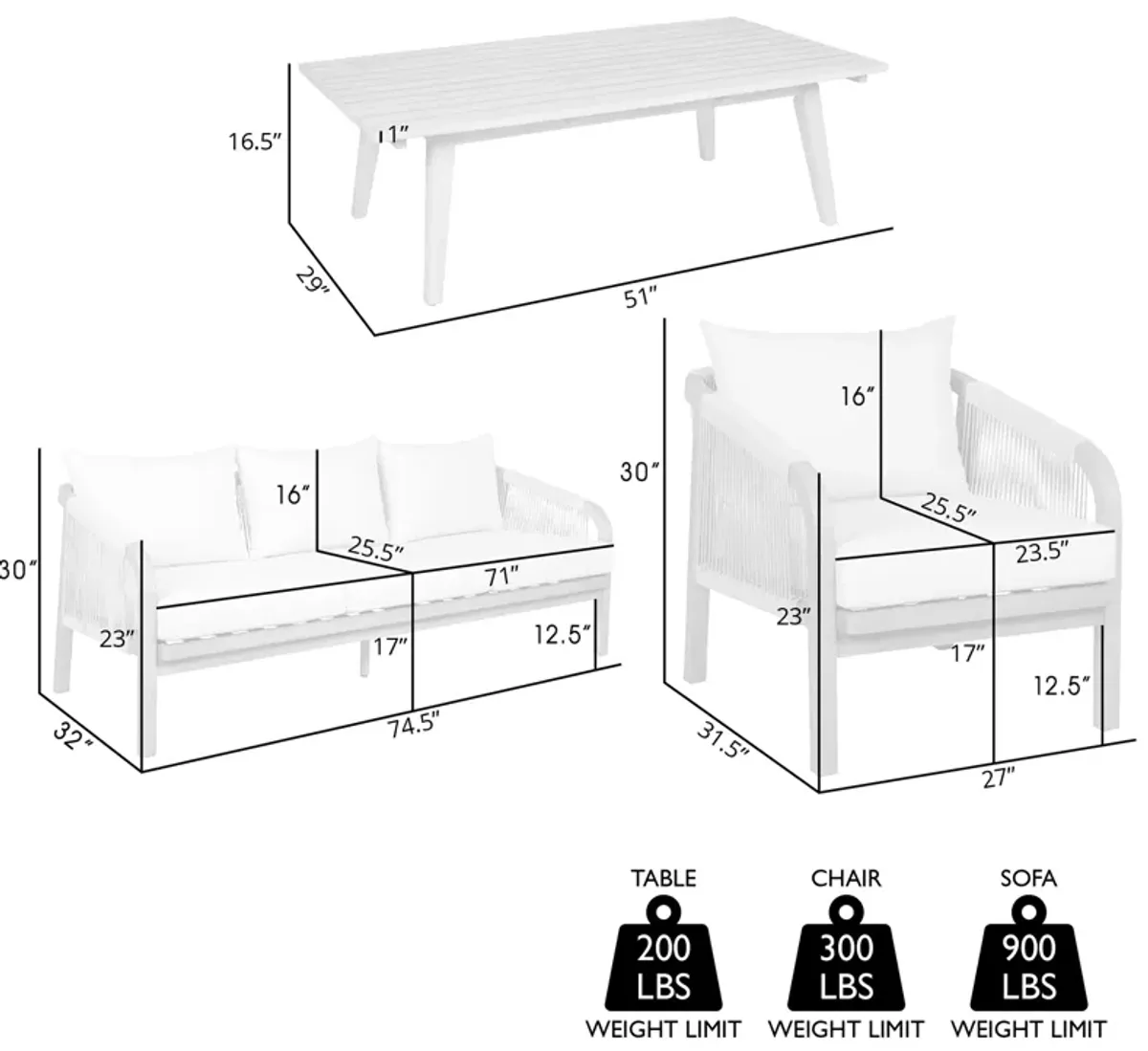 Cypress Outdoor Patio 4 Piece Conversation Set in Blonde Eucalyptus Wood and Light Gray Rope with Ivory Olefin Cushions