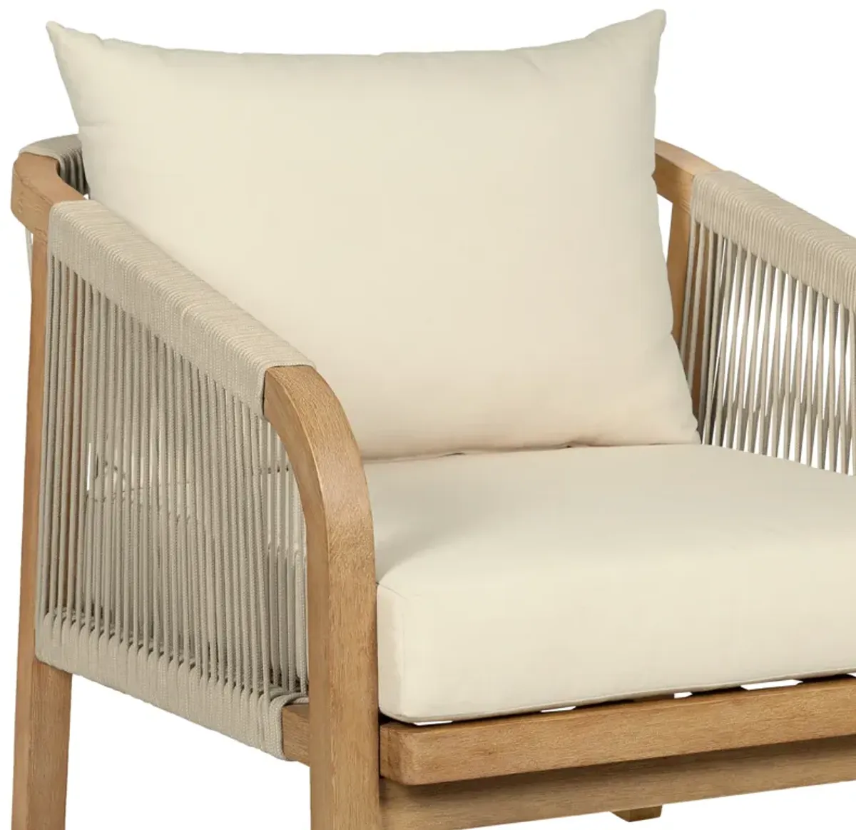 Cypress Outdoor Patio 4 Piece Conversation Set in Blonde Eucalyptus Wood and Light Gray Rope with Ivory Olefin Cushions