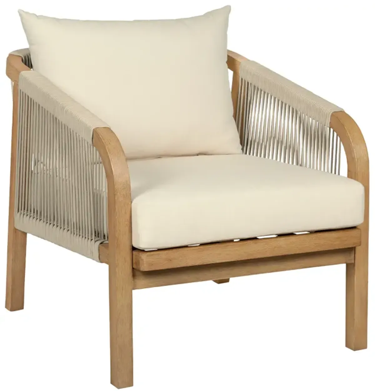 Cypress Outdoor Patio 4 Piece Conversation Set in Blonde Eucalyptus Wood and Light Gray Rope with Ivory Olefin Cushions