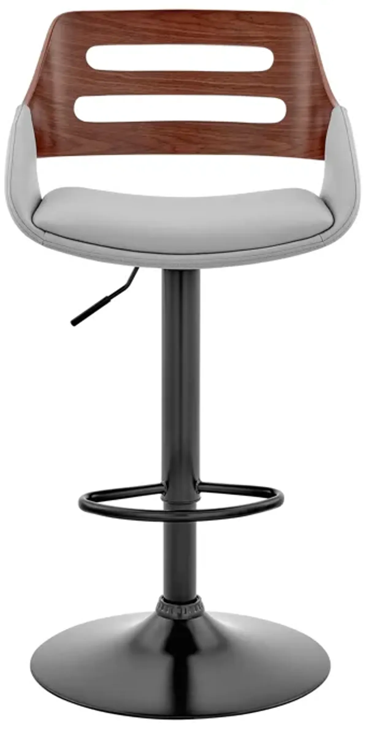 Karter Adjustable Gray Faux Leather and Walnut Wood Bar Stool with Black Base