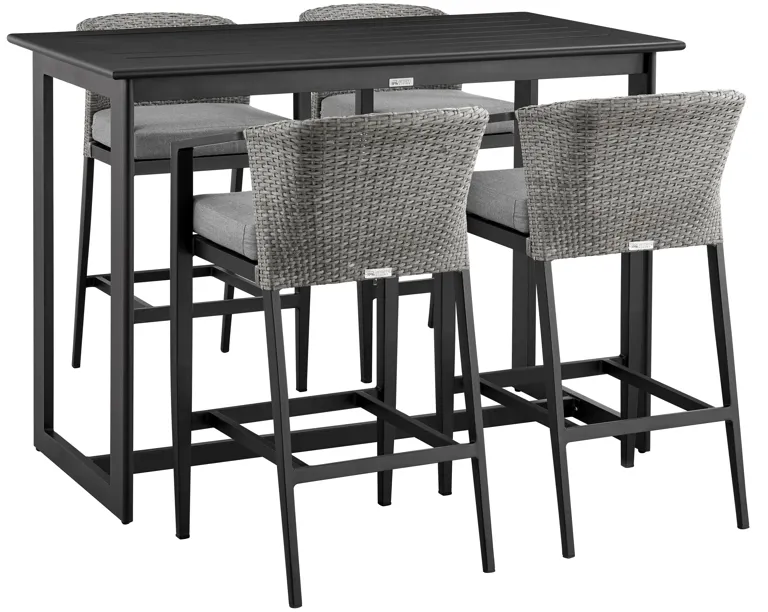 Palma Outdoor Patio 5-Piece Bar Table Set in Aluminum with Grey Cushions